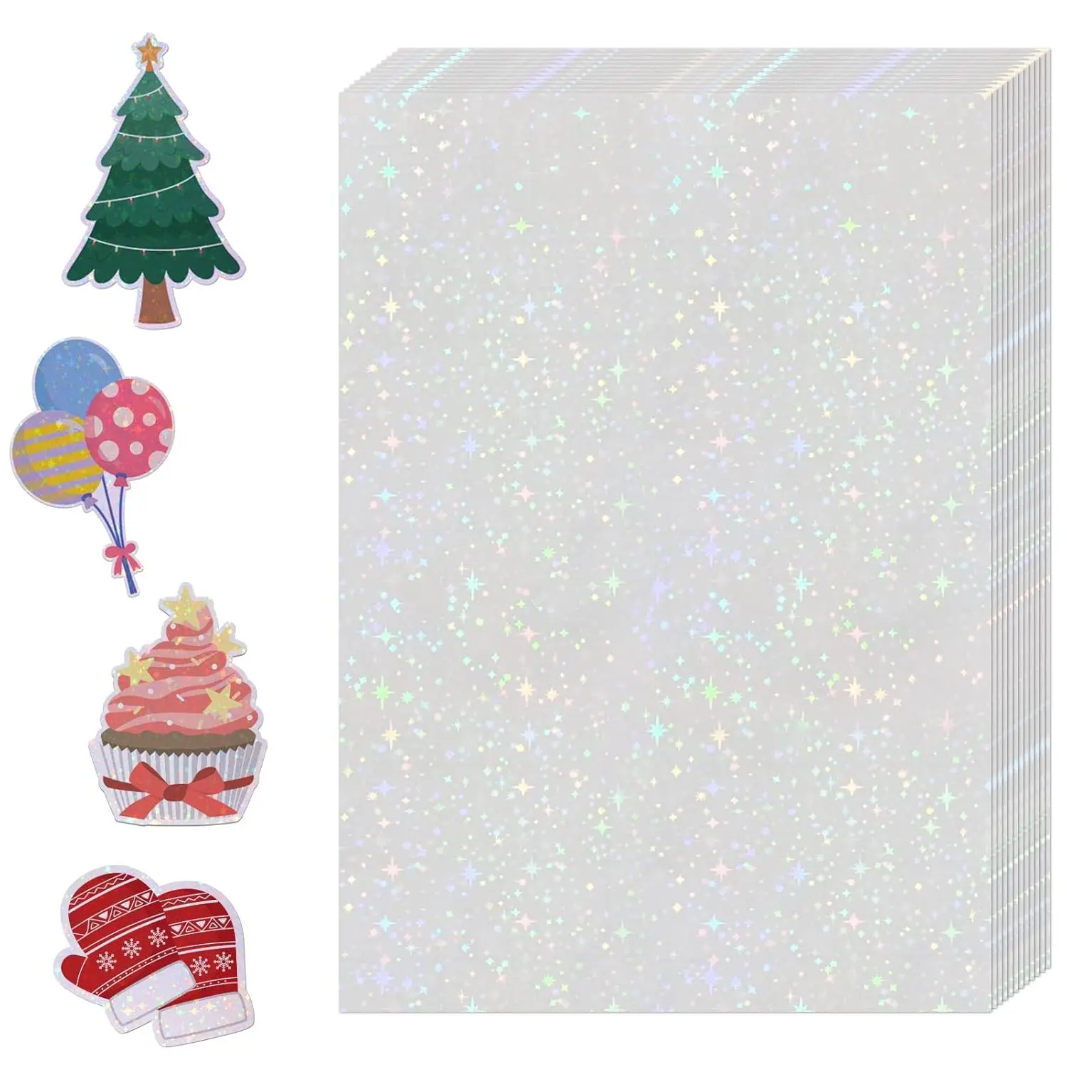 20 Sheets Holographic Star A4 Self-Adhesive Vinyl Sticker Film, Waterproof Cold Lamination Overlay (8.3 x 11.7 in / 21 x 29.7 cm), DIY Decorative Decal Sheets for Scrapbook & Journal