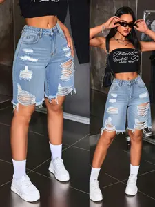 Women's Vintage Light Blue Frayed Edge Ripped Bermuda Jeans, Loose Fit Knee-Length Street Style Streetwear Shorts, Fashionable Denim Bottoms