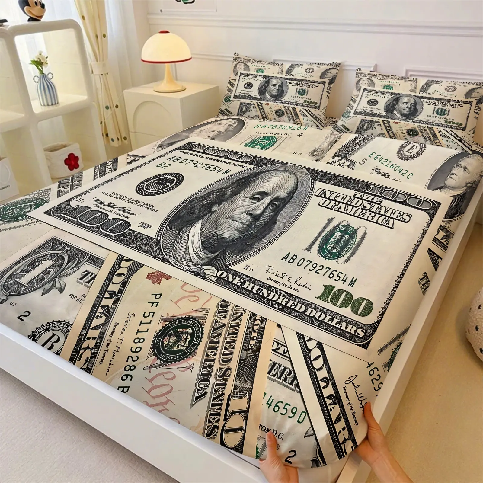 3pcs 100 US dollars Themed Bedding Set Bed Linens, 4 Styles to Choose From USD Pattern Fitted Sheet Set, Decorative bedsheet sets, Suitable for Men and Women, Room Decoration, Soft and Comfortable, Including 1 Fitted Sheet and 2 Pillowcase