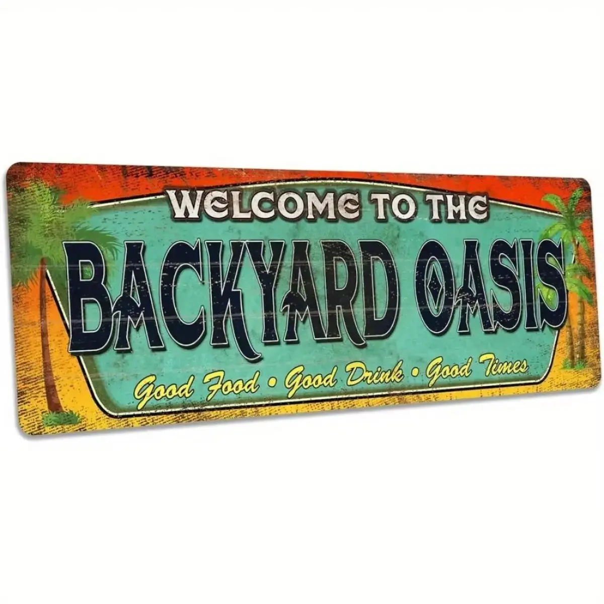15.8x4 In Colorful Vintage Tropical Palm Trees Metal Sign, Backyard Oasis Slogan Home Decor with Hanging Holes, Retro Welcome Plaque for Backyard, Patio (Ideal Gift for Outdoor Enthusiasts)