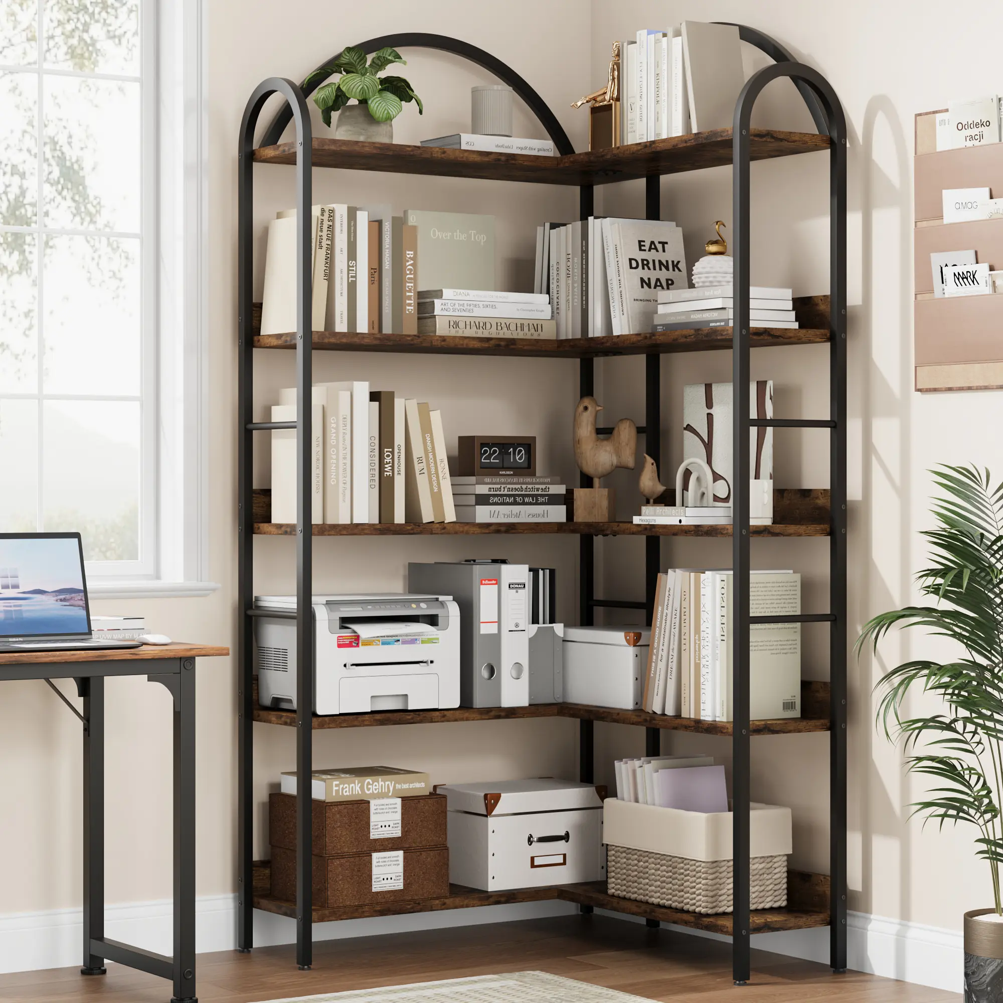 L-Shape Corner Bookshelf, 5-Tier Bookcase, Modern Display Shelf Book Shelves with Metal Frame, Freestanding Storage Shelves for Home Office Use