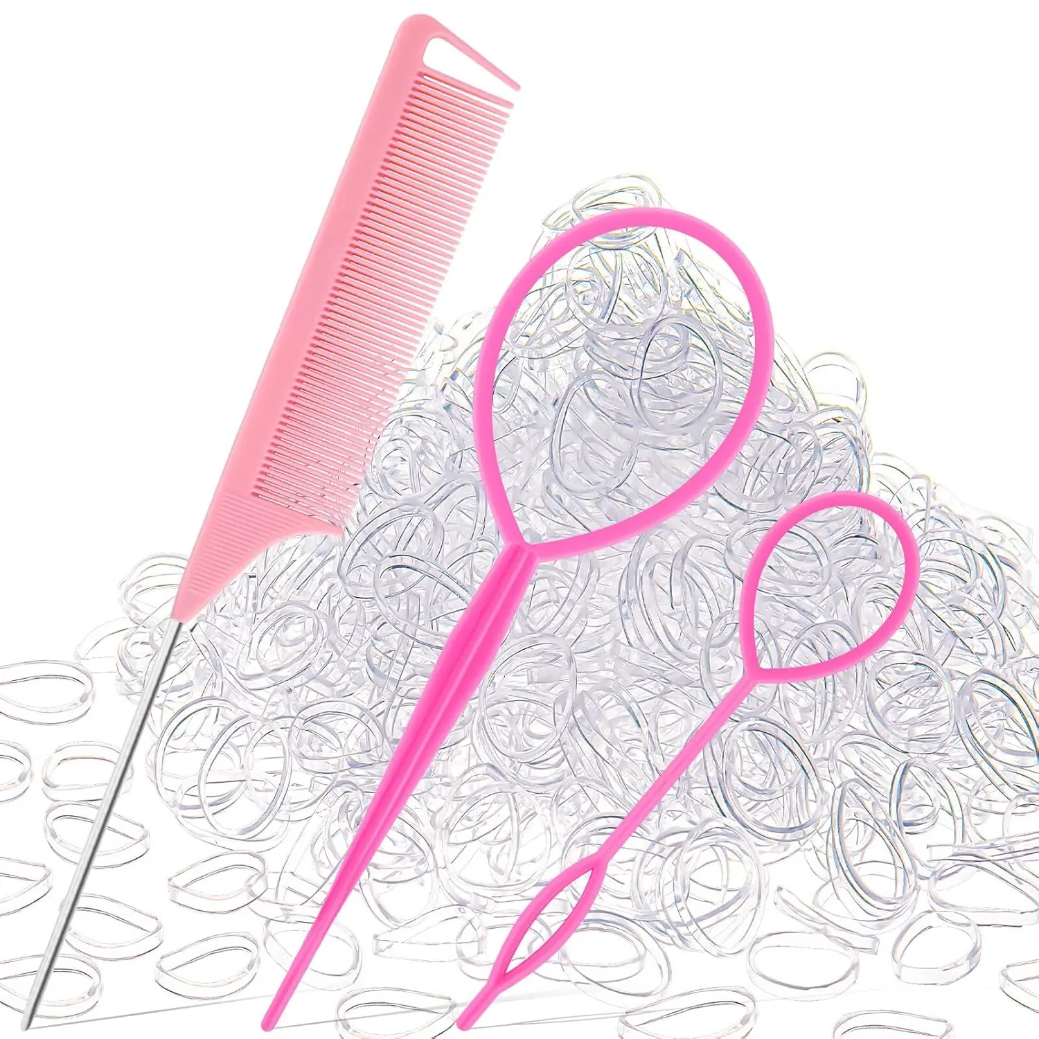 1000 count Hair Rubber Bands, Soft Small Hair Elastics for Girls and Women, 2 count Topsy Tail Tools, 1 Rat Tail Comb,