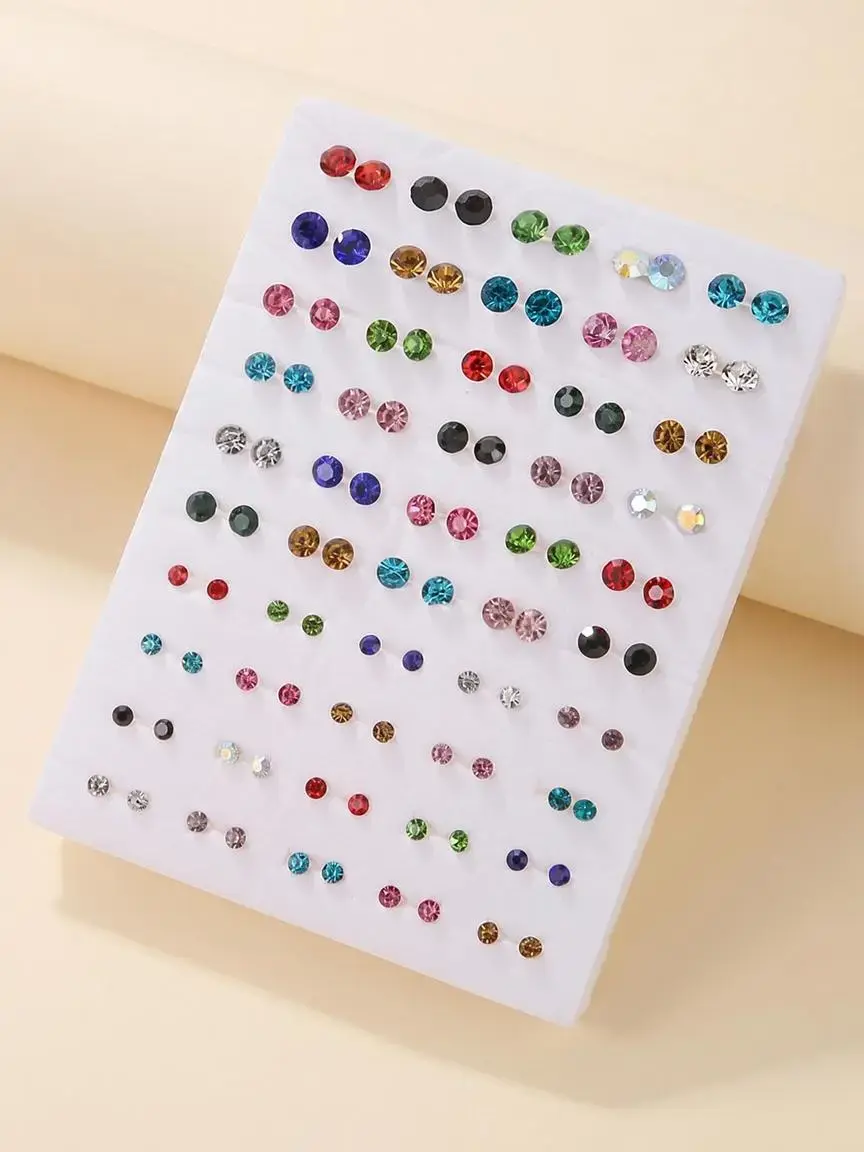 50 Pairs Mixed Size Crystal Stud Earrings, Stud Earring Sets, Multi-Color Pack for Women, Low Allergy Safe Metal Post, minimalist pierced ear jewelry, daily wear, dating and party accessories