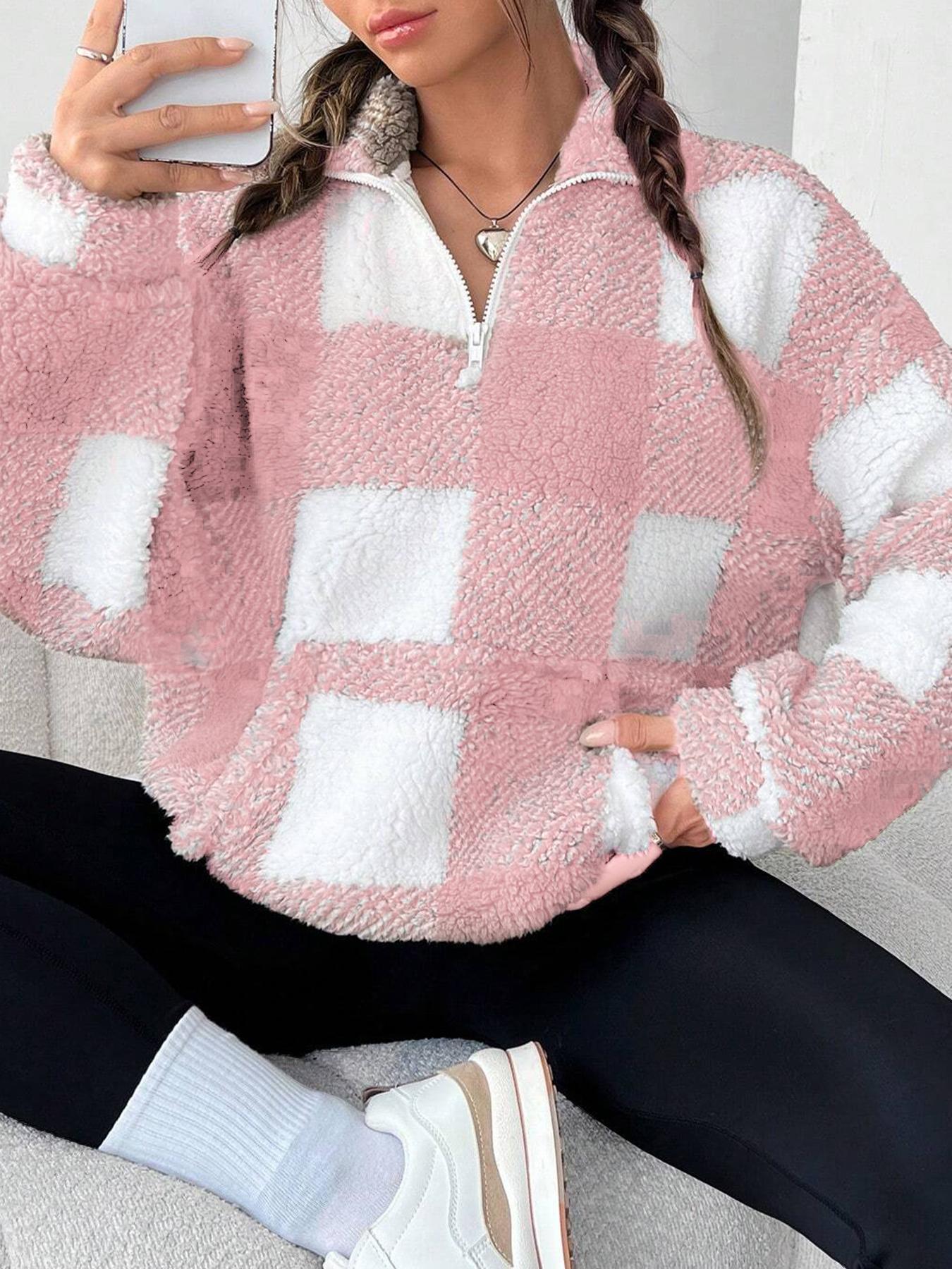 Women's Plaid Half Zip Drop Shoulder Fleece Sweatshirt, Casual Style Long Sleeve Collar Pullover for Spring & Fall, Ladies Clothes for Daily Wear, Womenswear, Tops
