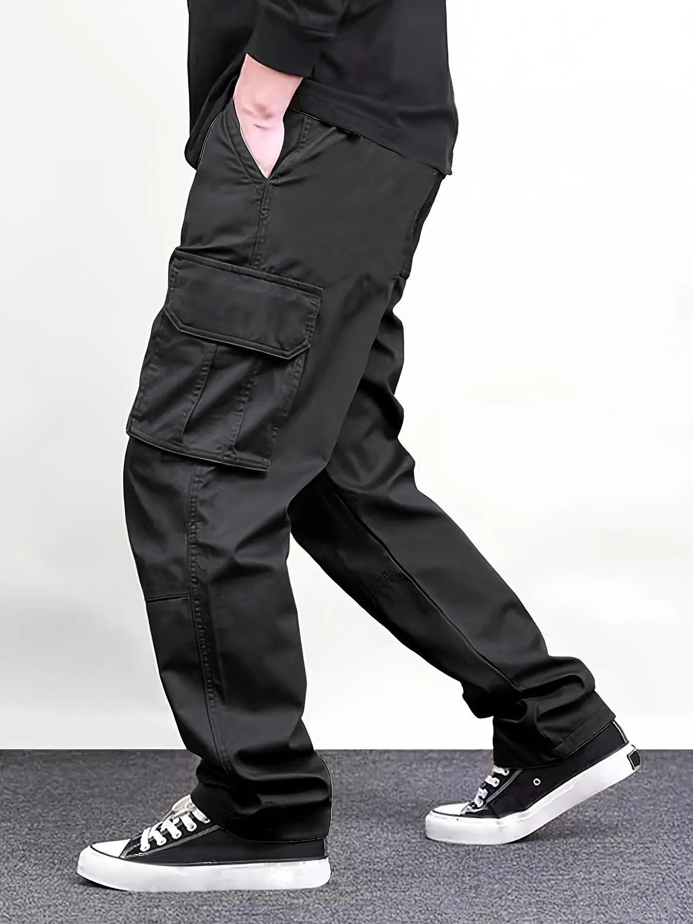 Men's Casual Sporty Work Pants, Multi-Pocket Design, Flat Foot, Elastic Waist with Drawstring, Ideal for Daily Wear, Outdoor Activities, Casual Comfy Drawstring
