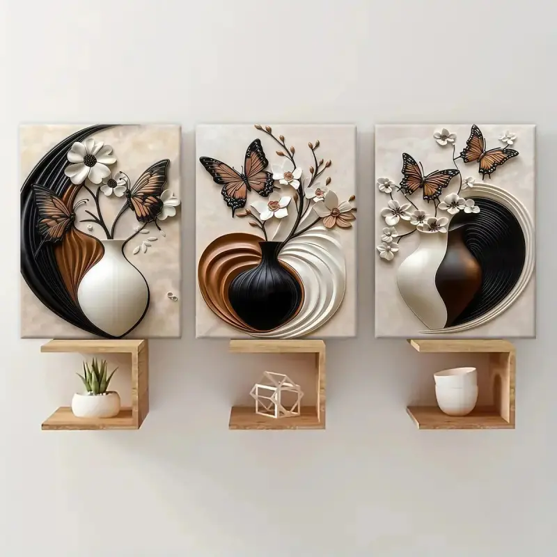 3 Counting wooden frame canvas, butterfly flower art poster, modern art for living room wall decoration, family poster, suitable for bedroom, office, corridor walls art, Framed Wall Art, Modern Floral Paintings, Wall Art Print, Wall Decor Pictures