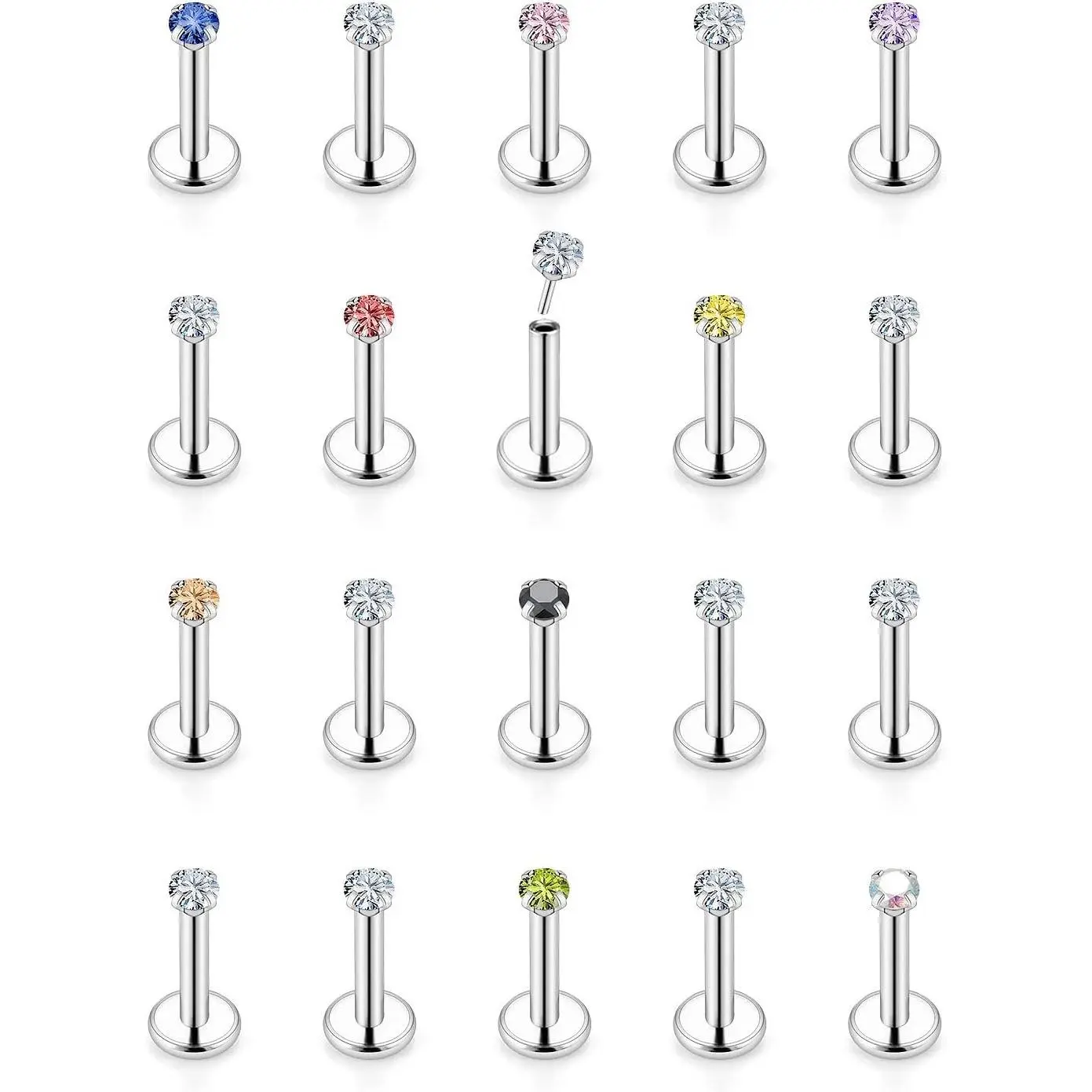 16G 18G 20G Threadless Push in Lip Rings Stainless Steel Flat Back Nose Rings Studs Tragus Helix Conch Cartilage Lobe Earrings Stud Piercing Jewelry for Women Men Diamond CZ Silver 20PCS