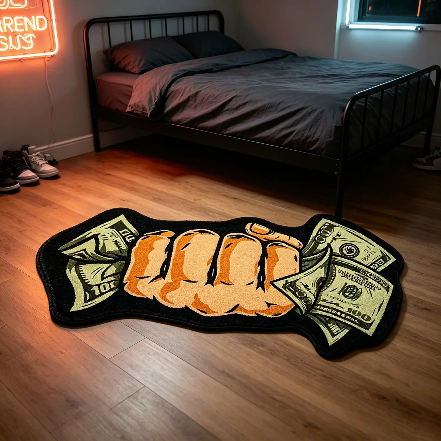 Unique Fist Holding Dollar Bills Rug, American Style Bedroom Bedside Carpet, Gaming Room Entrance Decor, Suitable for Bedroom, Bathroom