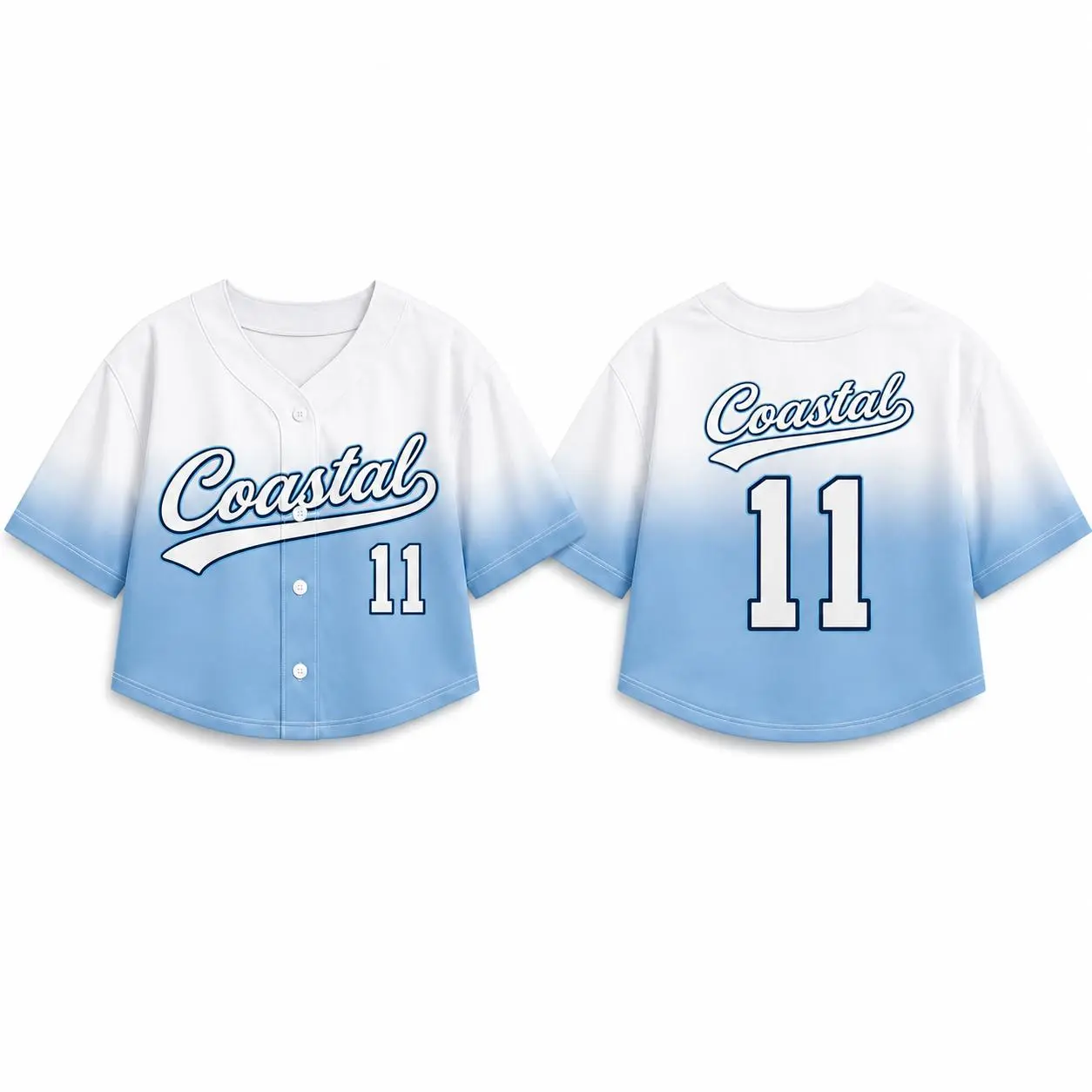 Women's Cropped Baseball Jersey, Coastal 11 Button Down Short Sleeve Sports Top, Blue White Ombre Graphic Crop Shirt, Game Day Outfit, Summer Streetwear Tee, Casual Y2K Jersey Top for Women, Soft Lightweight Vacation Concert Festival Fashion Top