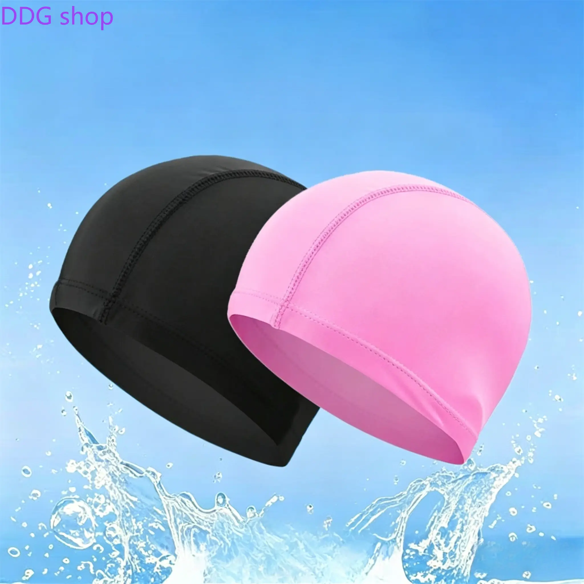 2Pcs Swimming caps Adult men and women do not restrain their heads Breathable hot spring quick-drying swimming caps Five-line high-elastic solid-color cloth caps