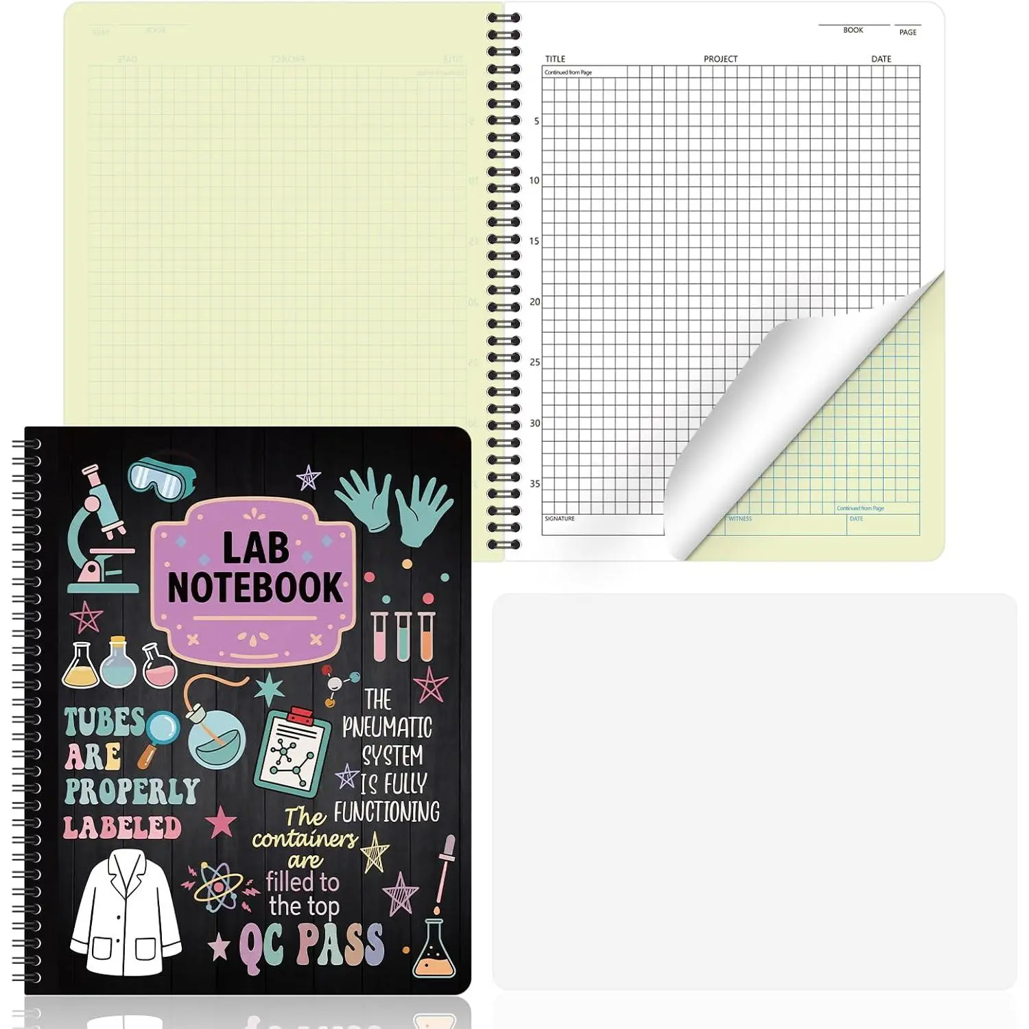 1 Pack Carbonless Lab Notebook Carbon Copy 8.5'' x 11'' 25 Sets of Pages 54 Pages  Laboratory Engineering Chemistry Computation Notebook Science Grid Coil Binding (Black Style)