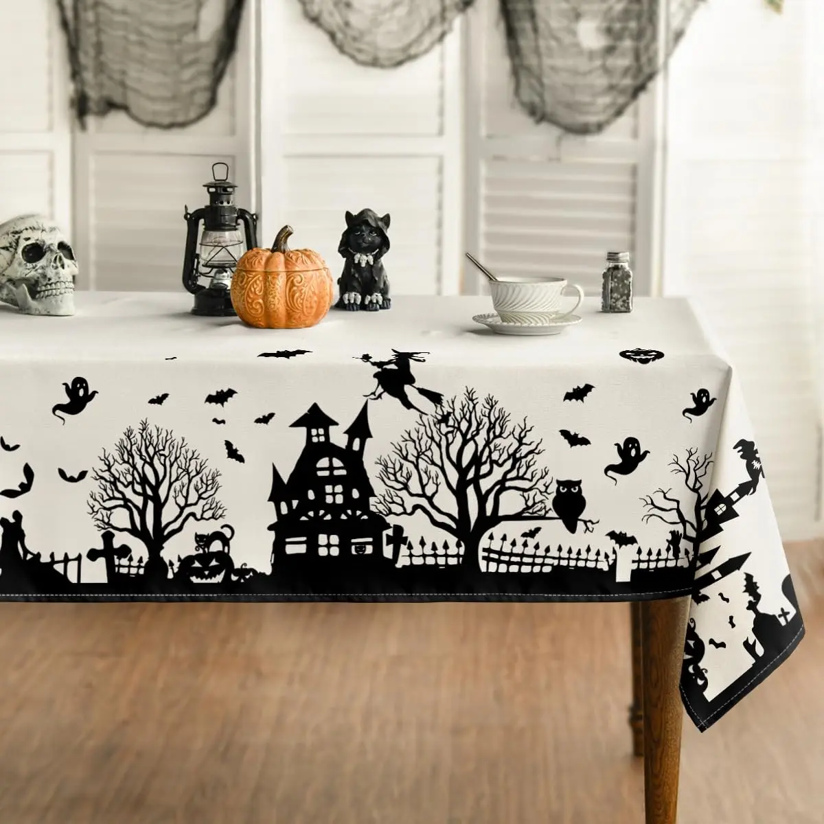 Halloween Tablecloth Rectangular Castle Tree Horror Theme, Perfect for Party Picnic Dinner Decoration, Halloween Decorations