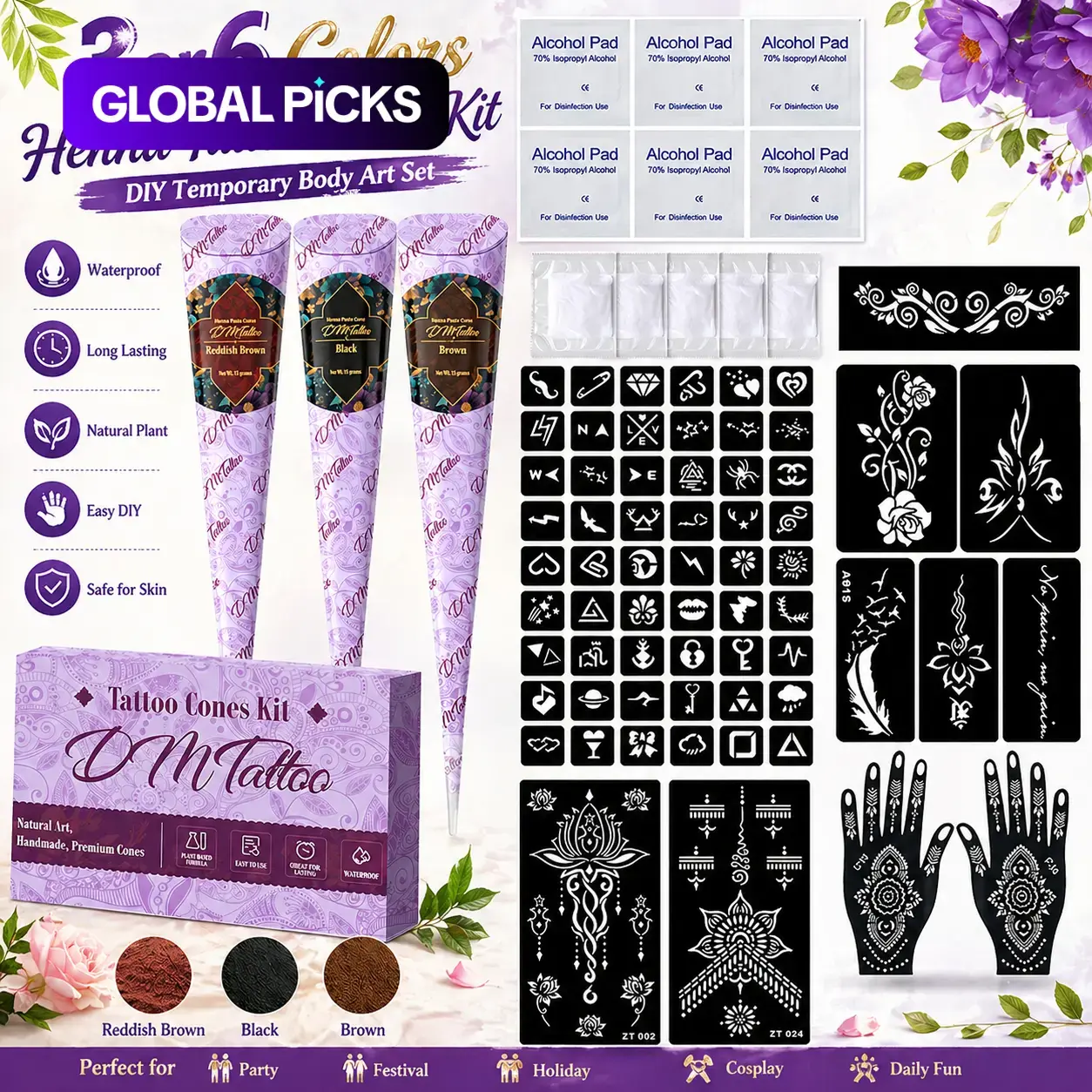 Creative DIY Henna Tattoo Paste Set with Vibrant Colors, Henna Cones & Various Stencils for Diverse Designs, Arm Temporary Tattoos, Mild Skin-Friendly Waterproof Long-Lasting Color for Festive Dressing Styles #GLOBAL PICKS