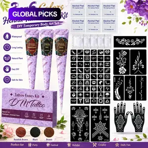 Creative DIY henna tattoo art paste set with vibrant colors. Various stencils for diverse designs. Mild skin-friendly texture, waterproof lasting color, add charm to festive dressing styles. Henna Cones