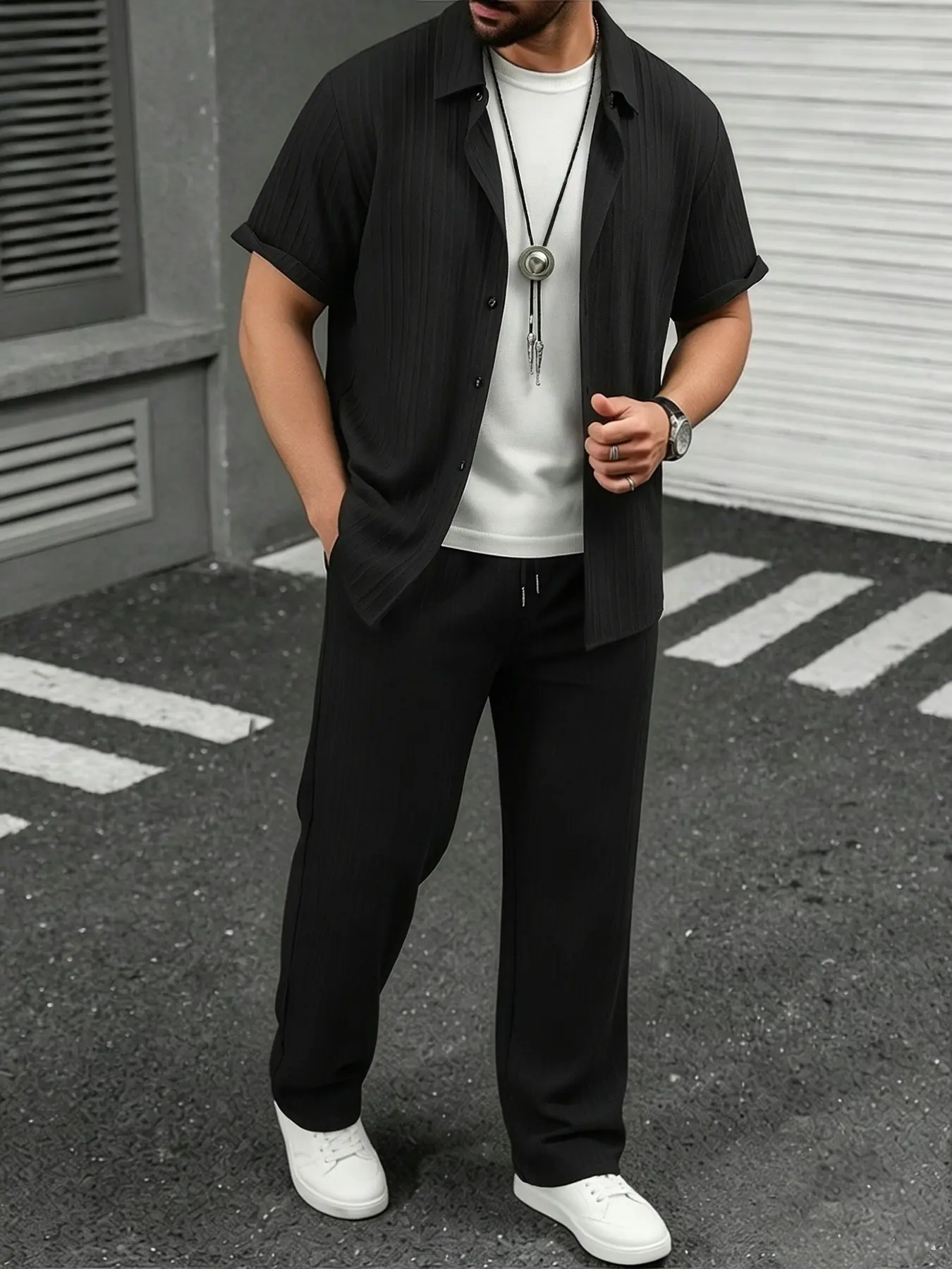Men's Black Short Sleeve Shirt and Wide Leg Pants Set | Minimalist Monochrome Loose Fit Casual Outfit | Summer Streetwear Loungewear Two Piece Set | Easy Matching Button Down Blouse & High Waisted Trousers for Daily Wear, Vacation, Office &