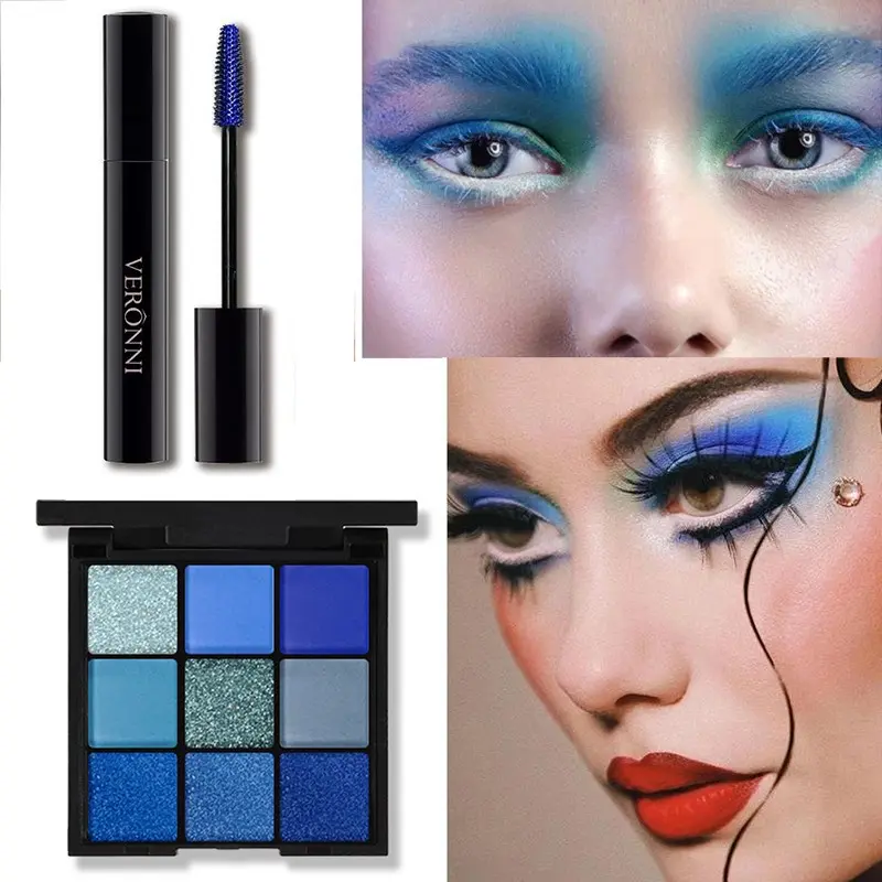 Rebellious Girl 9-color Blue Eyeshadow Plate with Mascara Makeup 2pcs Set - Blue Ocean Tone, Matte and Glitter Effect, Long-lasting High Pigment Eye Makeup Set, Suitable for Christmas, Music Festival, Stage Makeup Effect