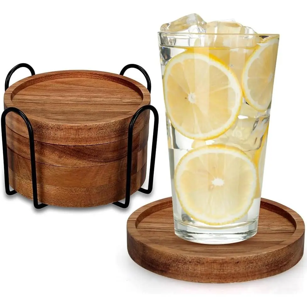 4 count  Wooden Coasters with Holder Cute  Drink Coaster Set Outdoor  Costers  Decoration Coffee Table Decor  Cup Coaster Bar Kitchen Dining Table Accessories Modern Coasters