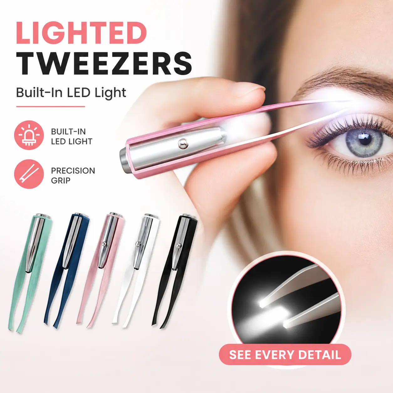 Stainless Steel Lighted Tweezers with Built-in LED Light - Baby & Maternity Daily Precision Tool for Eyebrow and Facial Hair Removal, 1 Size, Solid Design, Suitable for Adults, No