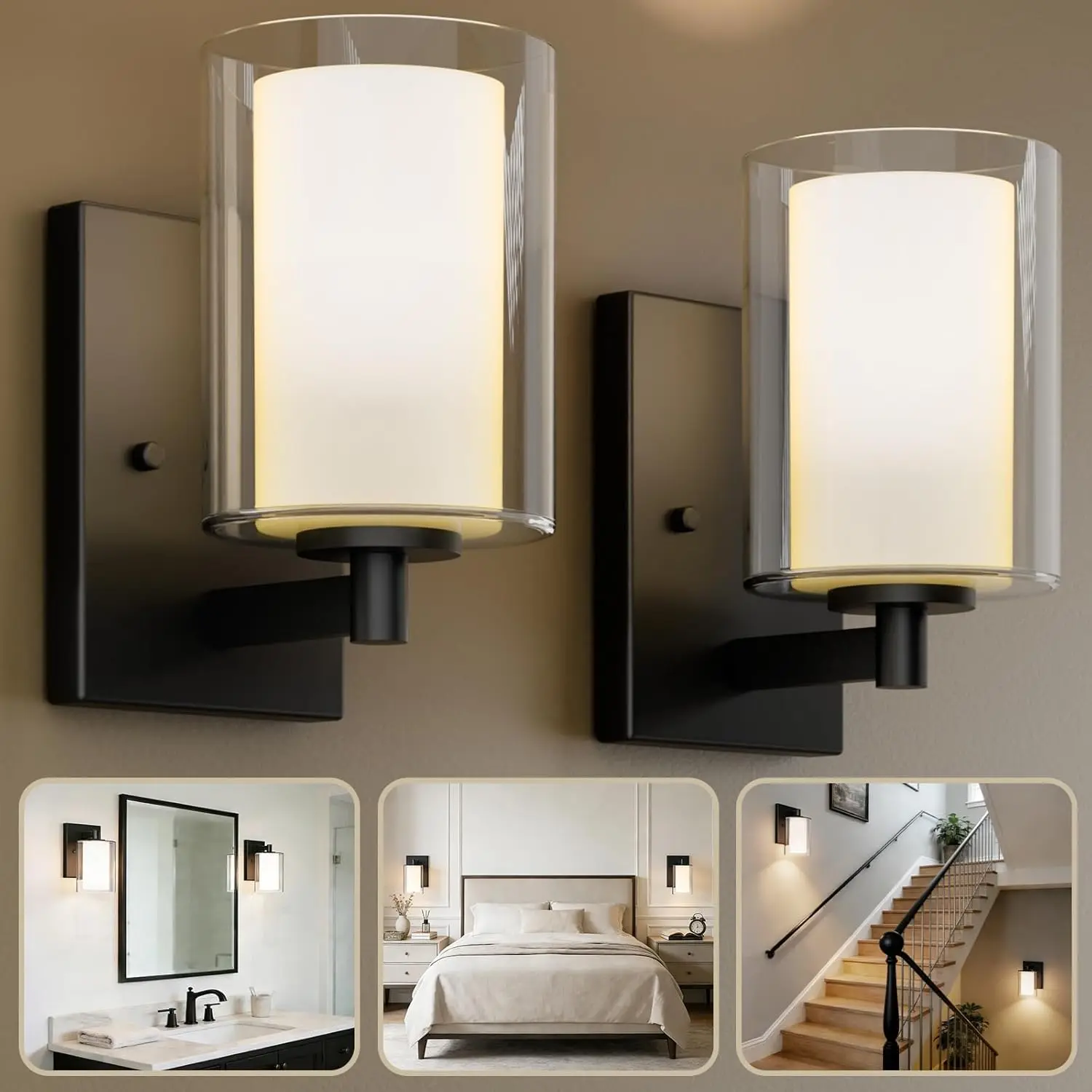 Wall Sconces Set of Two, Modern Vanity Lights with Double Clear Glass Shade Matte Black Indoor Farmhouse Wall Lights for Bathroom Living Room Bedroom Mirror Hallway Bulb E26 Base (2PCS)