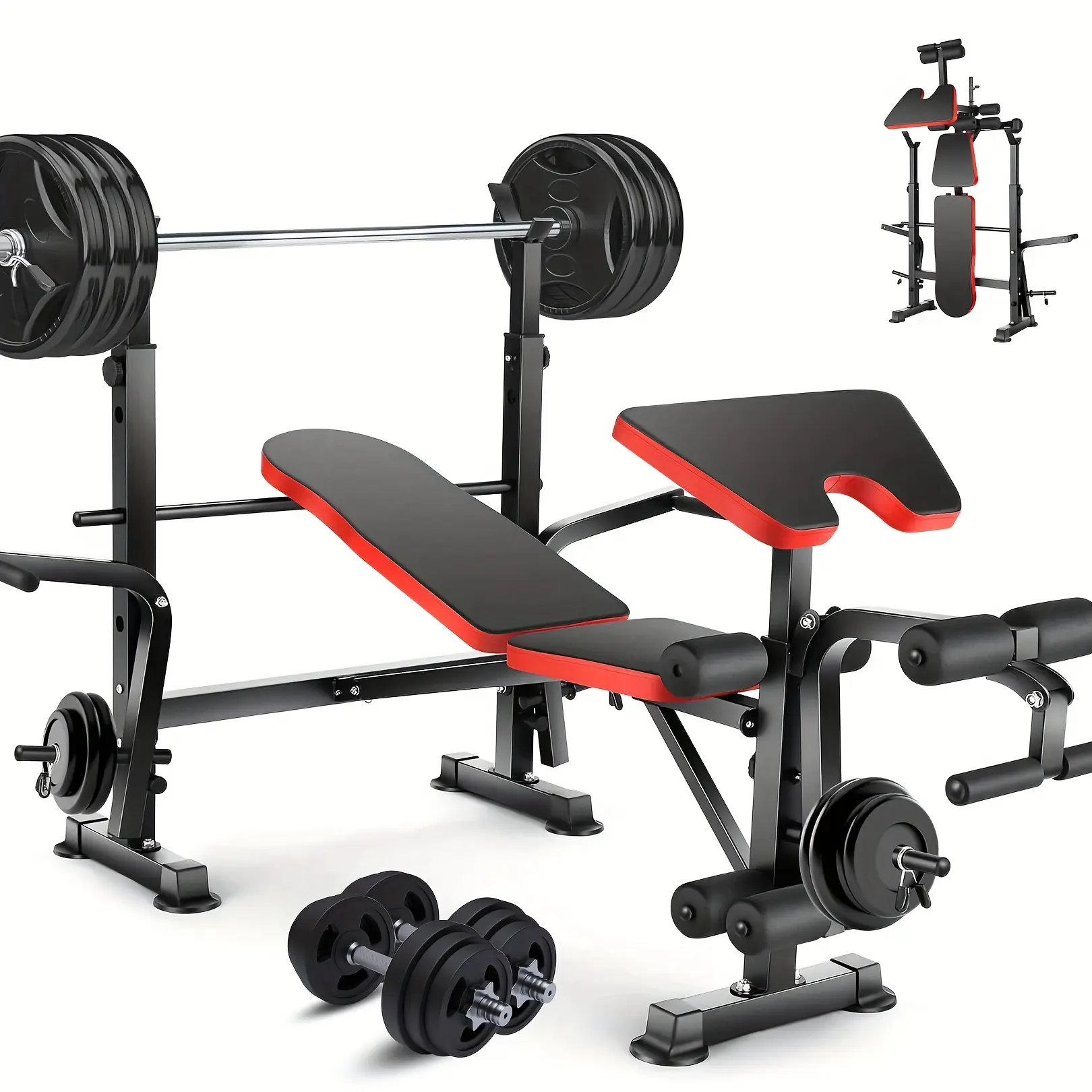 Professional All in One Weight Bench Set with Squat Rack, Adjustable And Foldable Workout Bench Press Set with Leg Developer, Preacher Curl Pad for Home Gym Full Body Workout