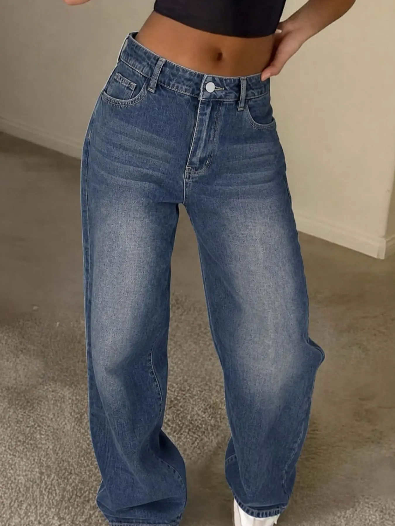 Women's Mid-Waist Loose Wide-Leg Jeans, Vintage Light Dark Wash, Casual Straight Leg Denim Jeans, Daily Wear, All Seasons