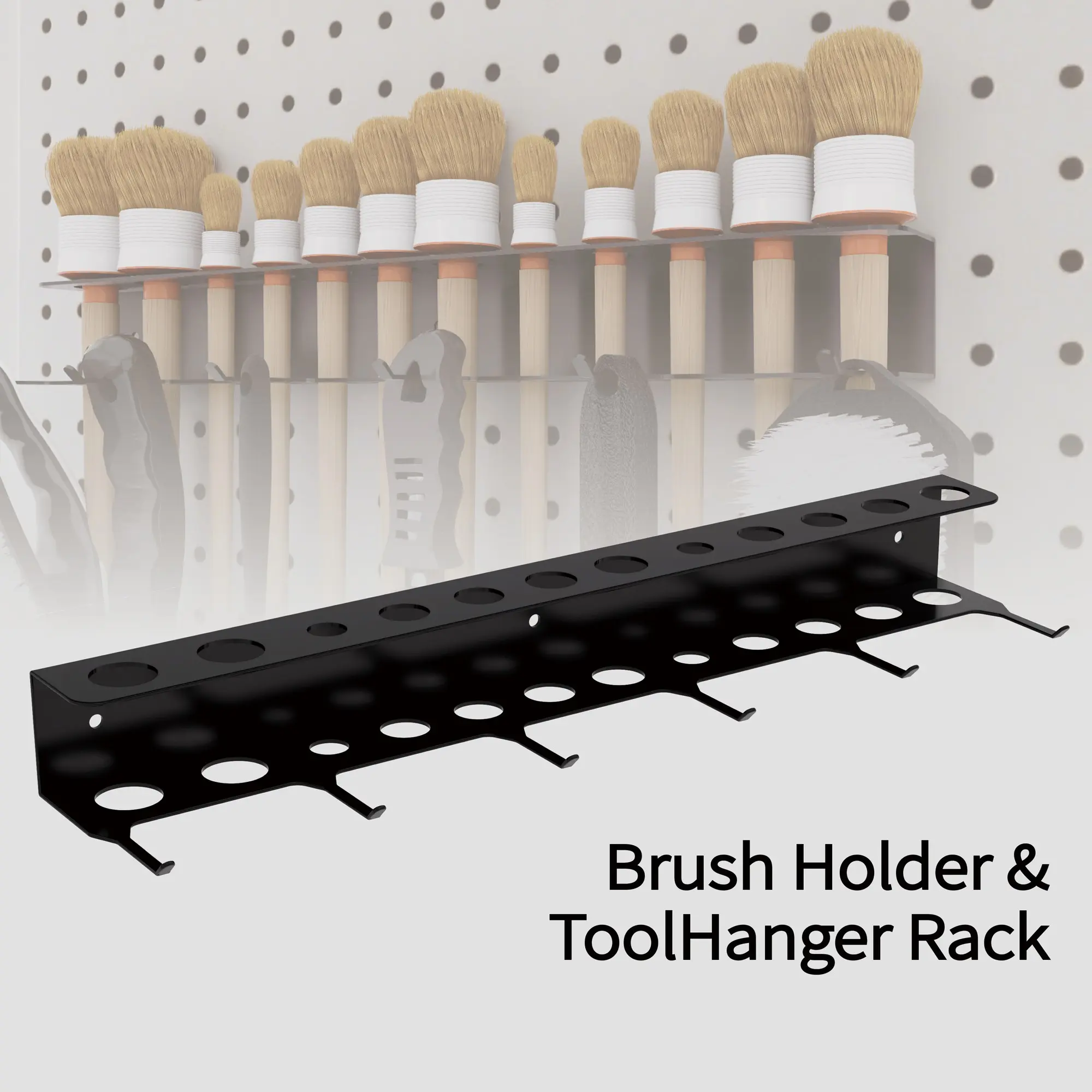 Wall-Mounted Detail Brush Holder and Tool Rack, Car Beauty Organizer with Hooks, Holds 10 Brushes, Towels, and Tools, Multi Use Organizer with Built in Storage