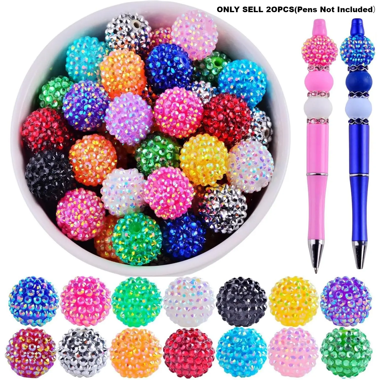 20pcs 20mm Rhinestone Bubblegum Beads for Beadable Pens, Large Bling Crystal Pen Beads for DIY Pens, Keychains and Jewelry Making, Versatile Use, Diy Craft Embellishments, Decorative Beads, Bedazzling Beads, Bead Assortment, Bead Set