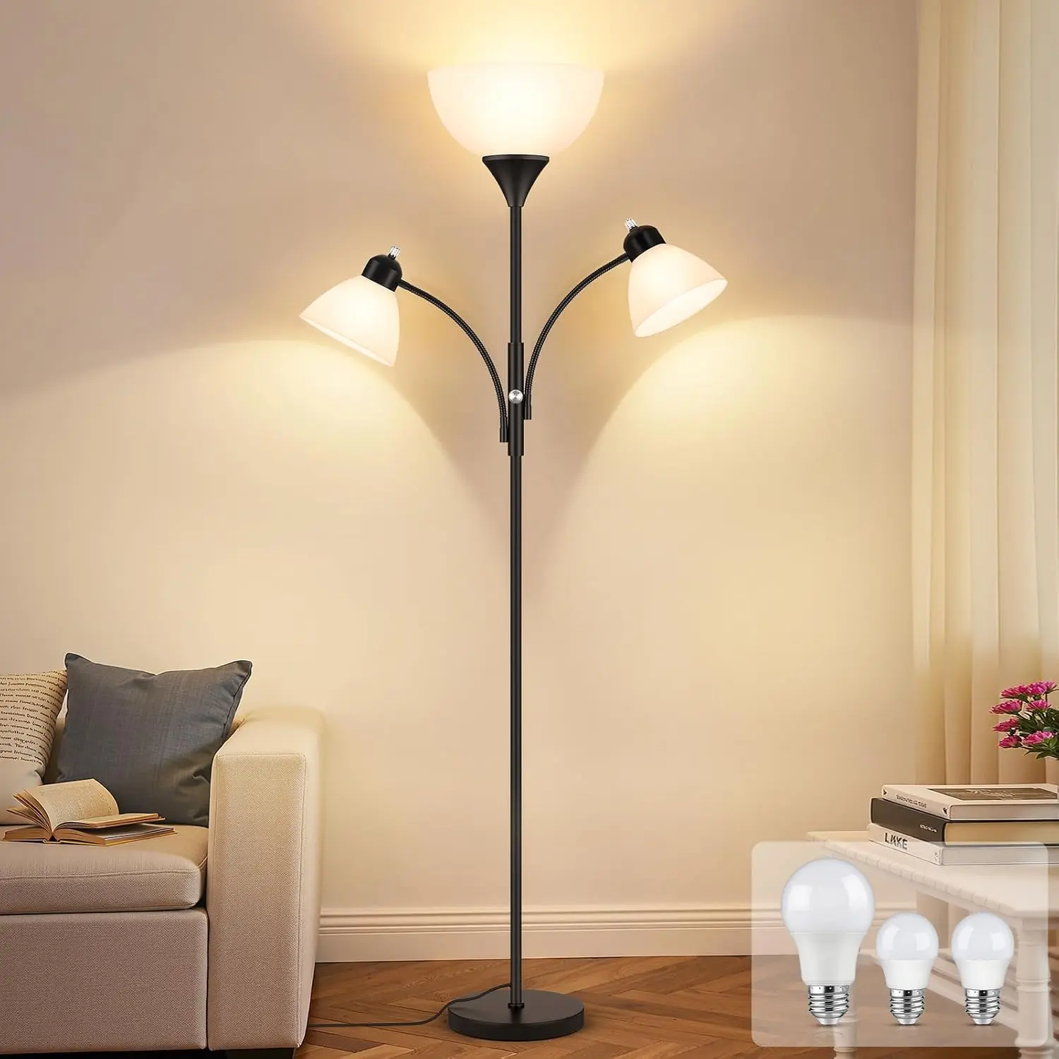 Torchiere Floor Lamps for Living Room,72" Dimmable Lamp with 2 Adjustable Reading Lights for Bedroom, Black Tall Standing Room Lamp, 3 Bulbs Included