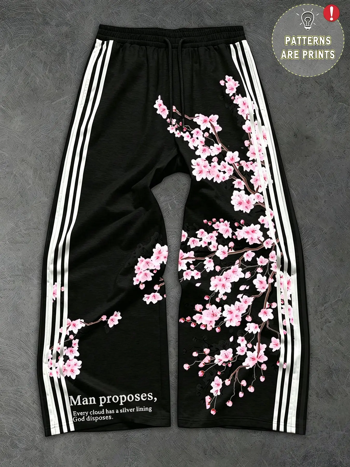 Chic Cherry Blossom Three-Stripe Wide-Leg Sporty Sweatpants, Soft Knit Fabric, Knitted Sports Pants, Classic Stripes, Floral Print, Casual Long Pants