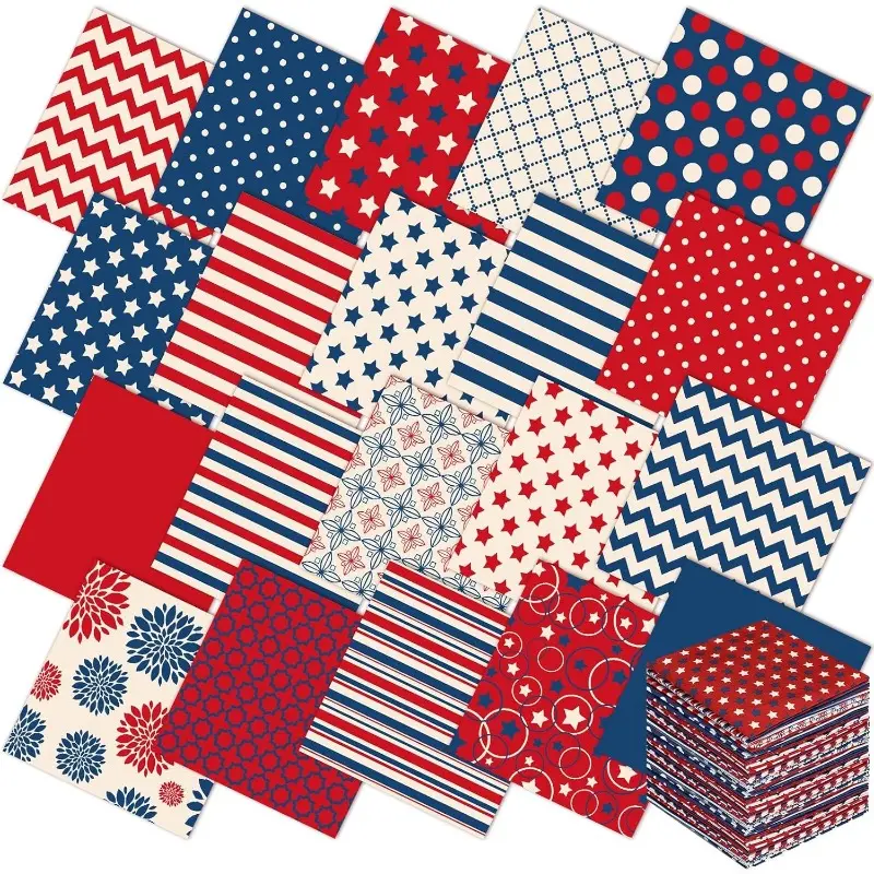 100Pcs Red and Blue Geometric Fabric Squares 3.9x3.9 Inch Precut Quilting Fabric Bundle Assorted Cotton Patches for Beginner DIY Sewing Projects