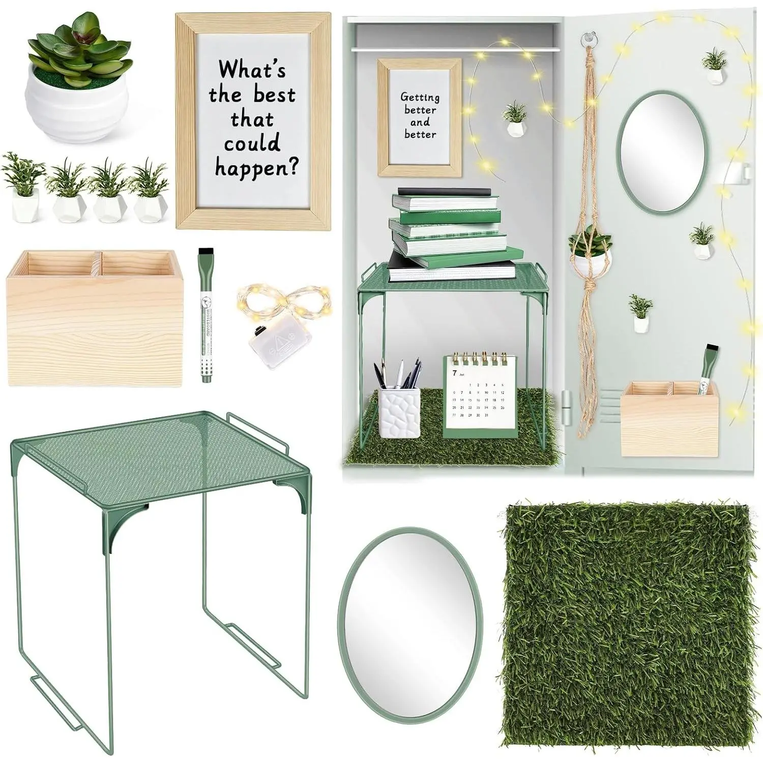 19Pcs Boho Locker Accessories Kit with Magnetic Whiteboard Shelf Metal Shelf Faux Plants Grass Rug Hanging Planter School Locker Decor and Organization Essentials for Back to School