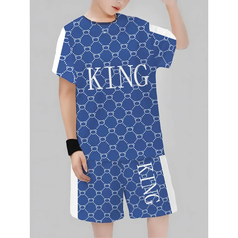 3D Digital Print Boys' Set - Short-Sleeve Shirt and Shorts, 2-Piece Set, Outdoor Essential