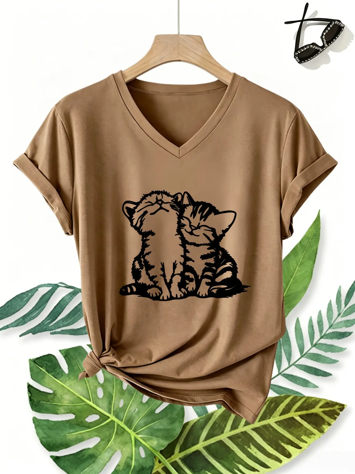 New Summer Women's V Neck T-Shirt, Cat Pattern Print, Short Sleeve Casual Top, Perfect for Spring, Summer, Fall Daily Wear, Healing Style