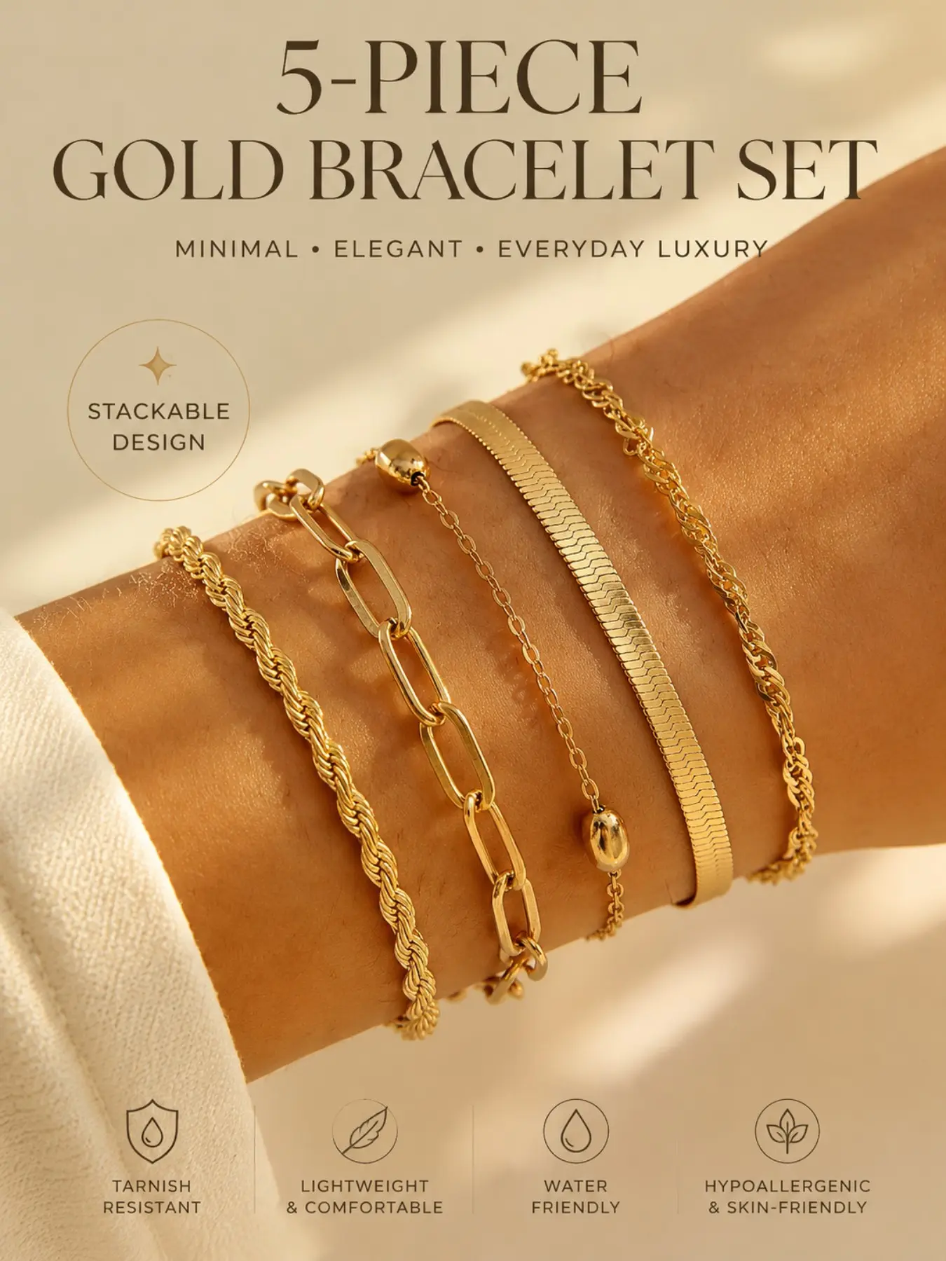 5-Piece Gold Bracelet Set for Women Men, Bracelet Combination Set, Stackable Gold Chain Bracelets Minimalist Jewelry, Elegant Luxury Layered Wrist Jewelry Gift for Birthday Anniversary Holiday, Waterproof Skin-Friendly Everyday Wear | Best Gift Idea