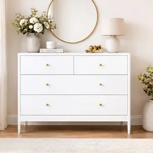 ARCH White 4-Drawer Kids Dresser, Wooden MDF Storage Cabinet Chest of Drawers for Toddler Bedroom Nursery Closet, Modern Organizer with Antique Brass Pulls, Tip Restraint Kit, 35.4" Wide, Multiple Color Options, Pink/White/White+Natural Color Options