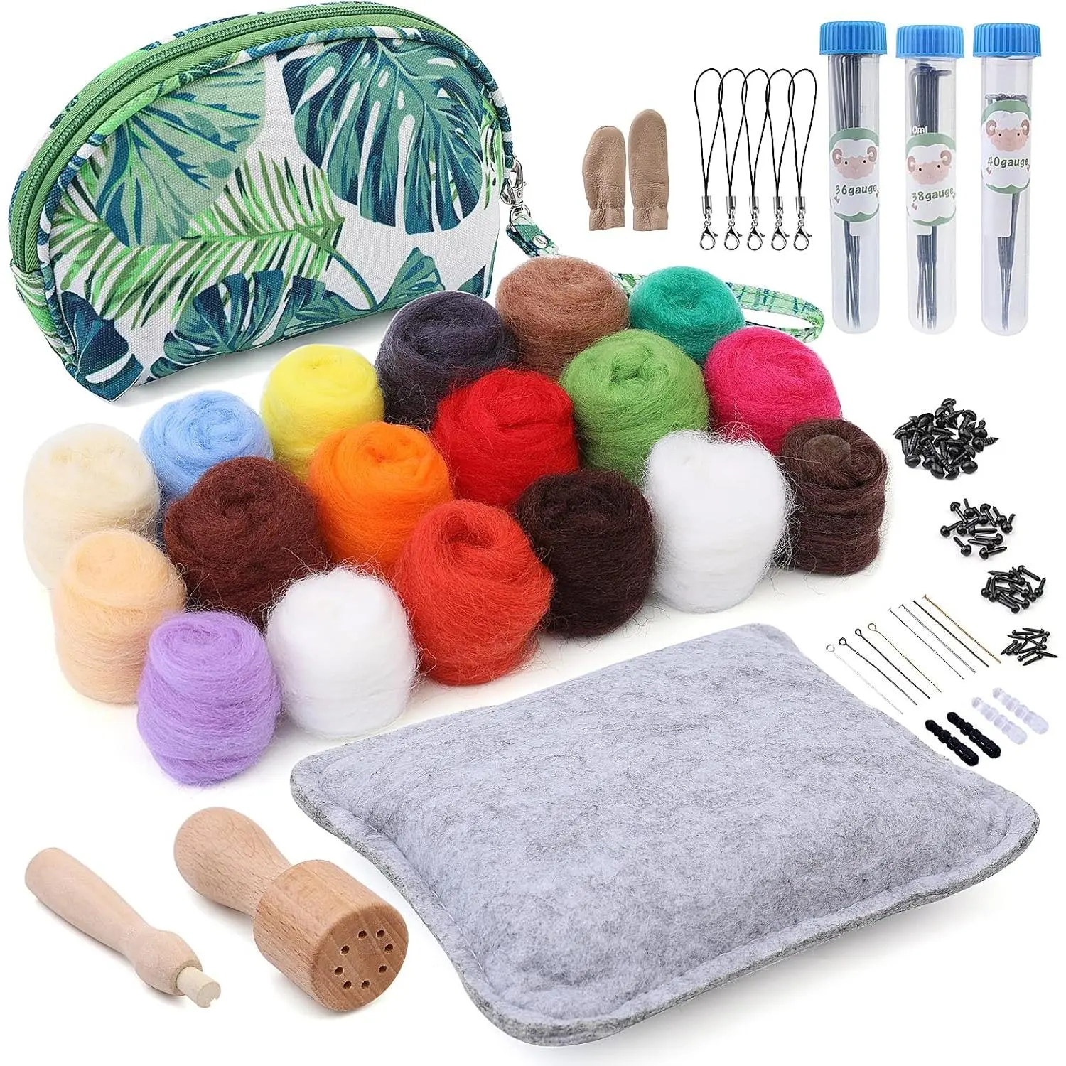 Felting Kit,  Felting Starter Kit with Exquisite Green Storage Bag,  Roving 18 Colors Set,  Felting Tools Kit,  Felt Tools for Felted   Felting Supplies
