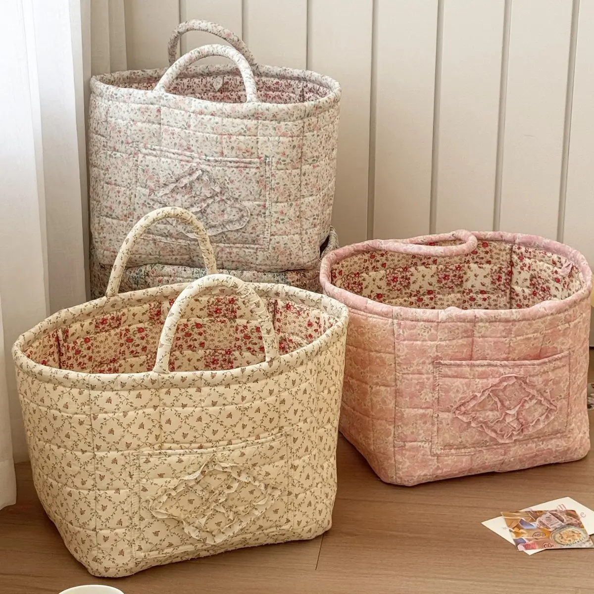 Pure Cotton Sweet Floral Quilted Storage Basket - Foldable Large Capacity Bag, Handheld Laundry Storage Organizer, Machine Washable Home Organizer for Bedroom, Bathroom Decor