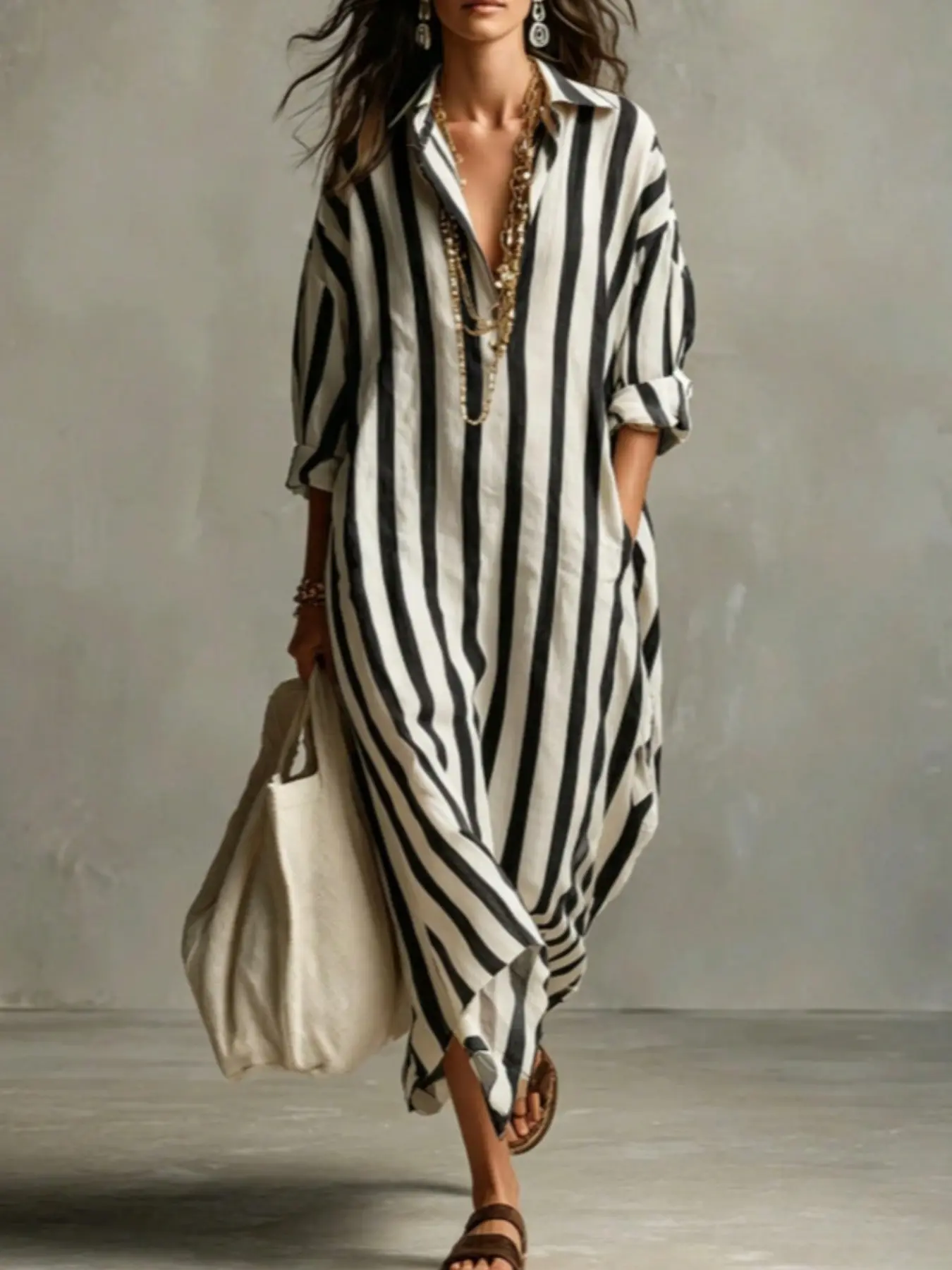 2026 Spring and Summer Fashion Trend, Elegant Chic V-Neck Long Sleeve Striped Dress, Loose-Fitting Unlined Lightweight Dress, Stylish Women's Clothing, Casual Wear