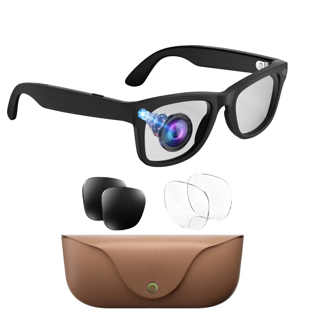 AI Smart Glasses with HD Video, Hands-free Recording,8MP Camera,Leather 2000Mah Charging Case, 2GB Memory, TR90 Frame, 300Mah Battery, IP65 Waterproof, AI Translation (26 Languages), Bluetooth Calling, Music Playback ,2Lenses Total(Anti-Blue &Sunglasses