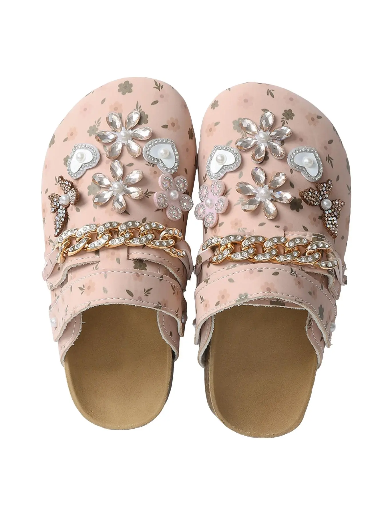 Girls' PU Sandals with Rhinestones, Chain, Floral Butterfly Heart Print, Resort Flip Flops, Cute Summer Footwear