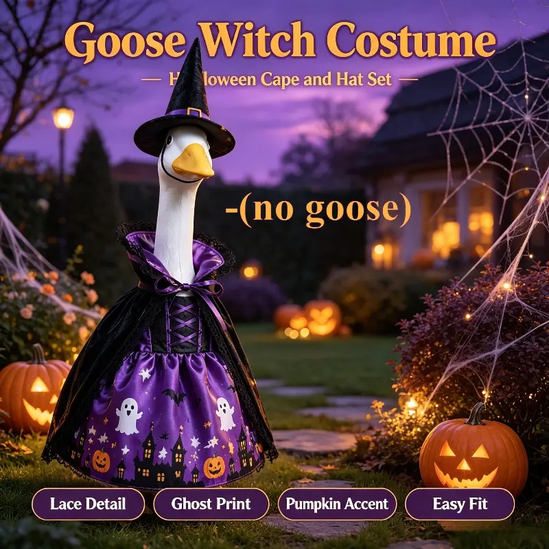 [HalloweenTok](no goose)Lawn Goose Halloween Witch Dress Outfit | Viral 2026 Ghost Pumpkin Castle Printed Lace Costume, Adjustable Strap Wizard Hat Set, Satin Decor for 23in Yard Goose Front Porch Party Pet Lover Gift