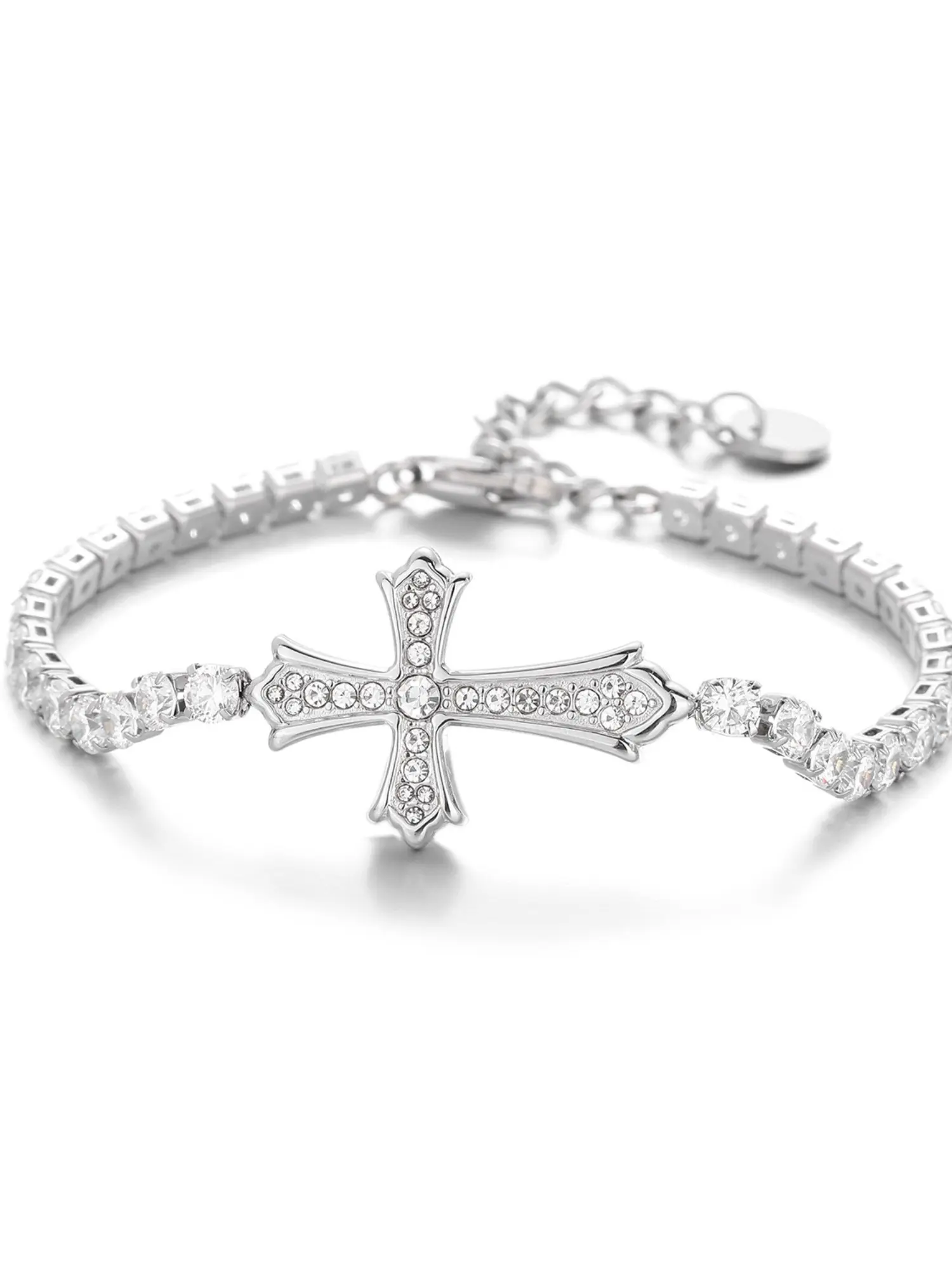 Cross Jesus Bracelet, Hypoallergenic Plated, Cubic Zirconia, Adjustable Wristband, 9.45 Inches, Unisex Gift, Religious Wristband