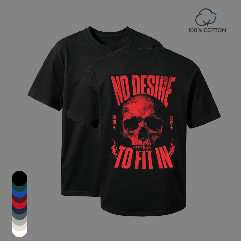 Oversized T Shirt Men Vintage Red Skull No Desire To Fit In Graphic Tee, Humor Graphic Tee Distressed Edgy Anti Conformity Flame Skeleton Print, Gothic Punk Streetwear Soft Black 100% Cotton Graphic Tees Crew Neck Men’s T Shirts