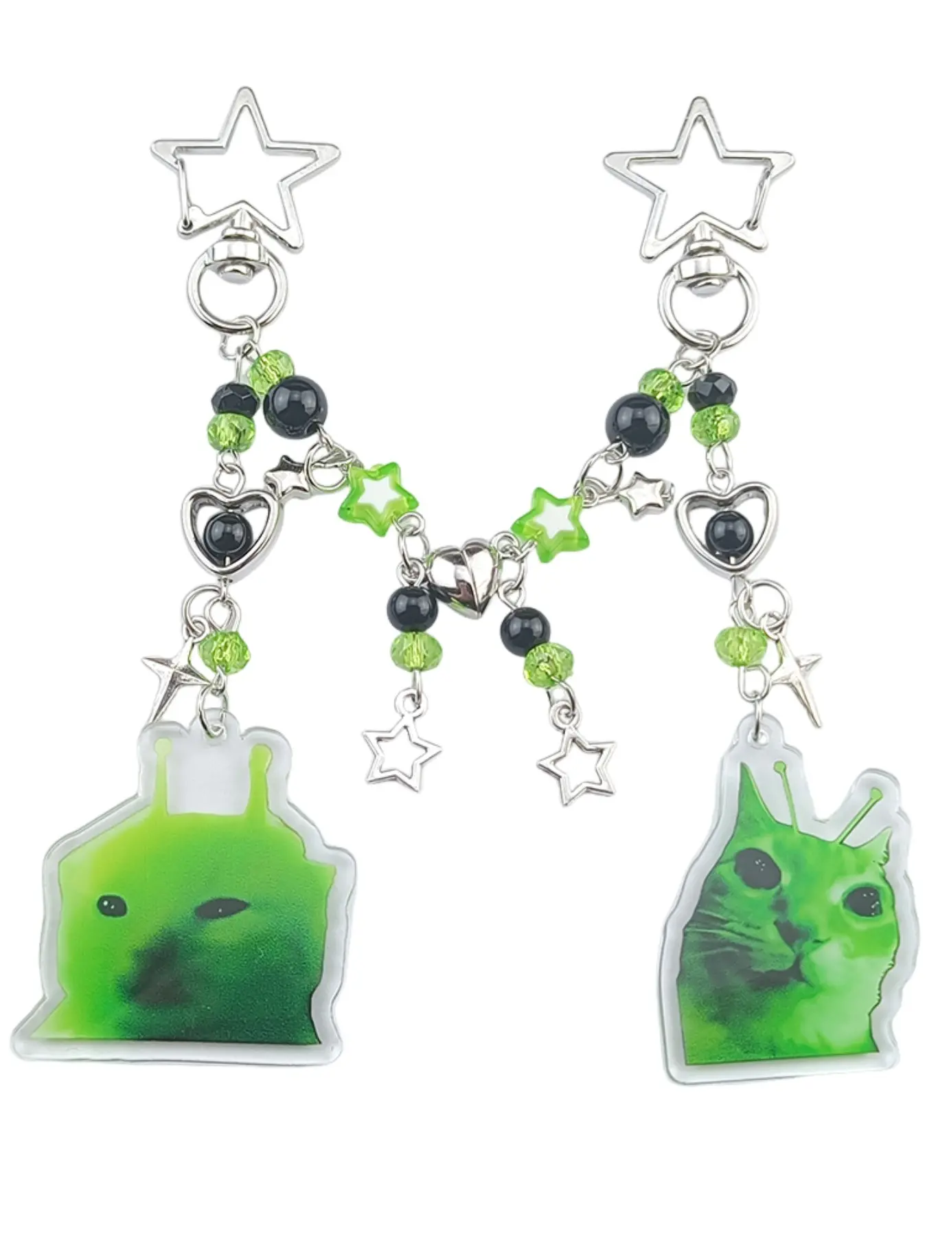 Trendy Alien Cat Dog Emoji Keychain, Hollow Star Heart Handmade Beaded Pair Keychain, Unique Gift for Pet Lovers, Keychain Duo