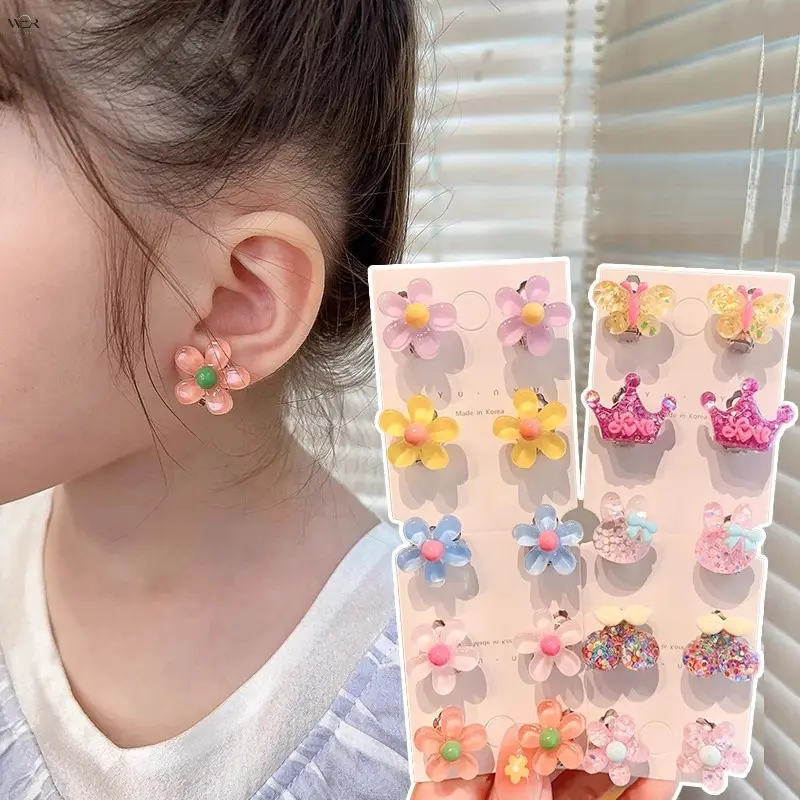 (Doesn't include cardboard)Kawaii Clip On Earrings for Girls, 5 Pairs Set of Matte Resin Dangle Clips with Pastel Cartoon Motifs, Non-Pierced Girls' Jewelry for Casual Wear, Resin Plastic