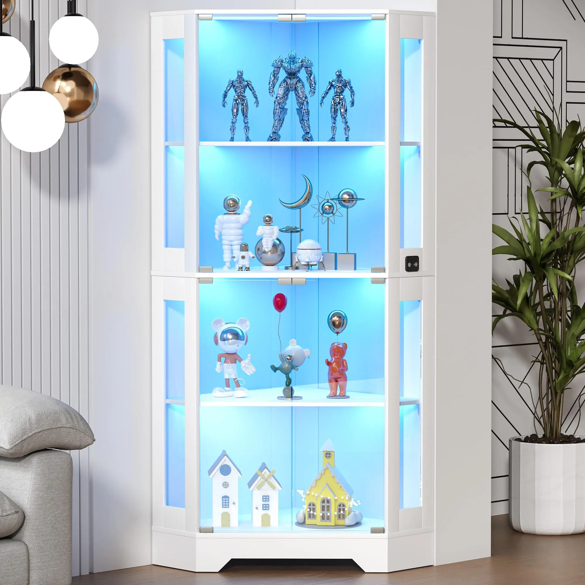 65" Tall Corner Glass Storage Cabinet - Smart Sensor, 3-Color LED, 4-Tier Glass Shelves, 90 Degree Space-Saving Indoor Storage Furniture for Collectibles