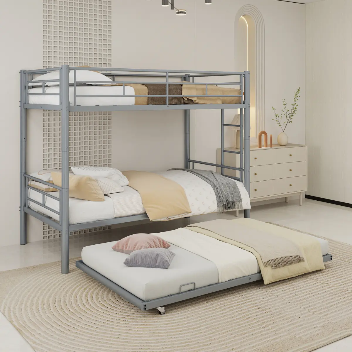 Silver Metal Triple Bunk Bed Frame - Modern 3-in-1 Convertible Bed, Heavy-Duty Steel Metal Frame, Compact Yet Functional Design, Sleek Silver Finish, Assembly Required, Ideal for Dorms-Guest Rooms