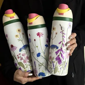 Flower Pattern Vacuum Flask, 1 Count Portable Insulated Water Bottle with Straw, Summer Cool Bottle Drinking Cup for Home Office School Outdoor Camping, Drinkware