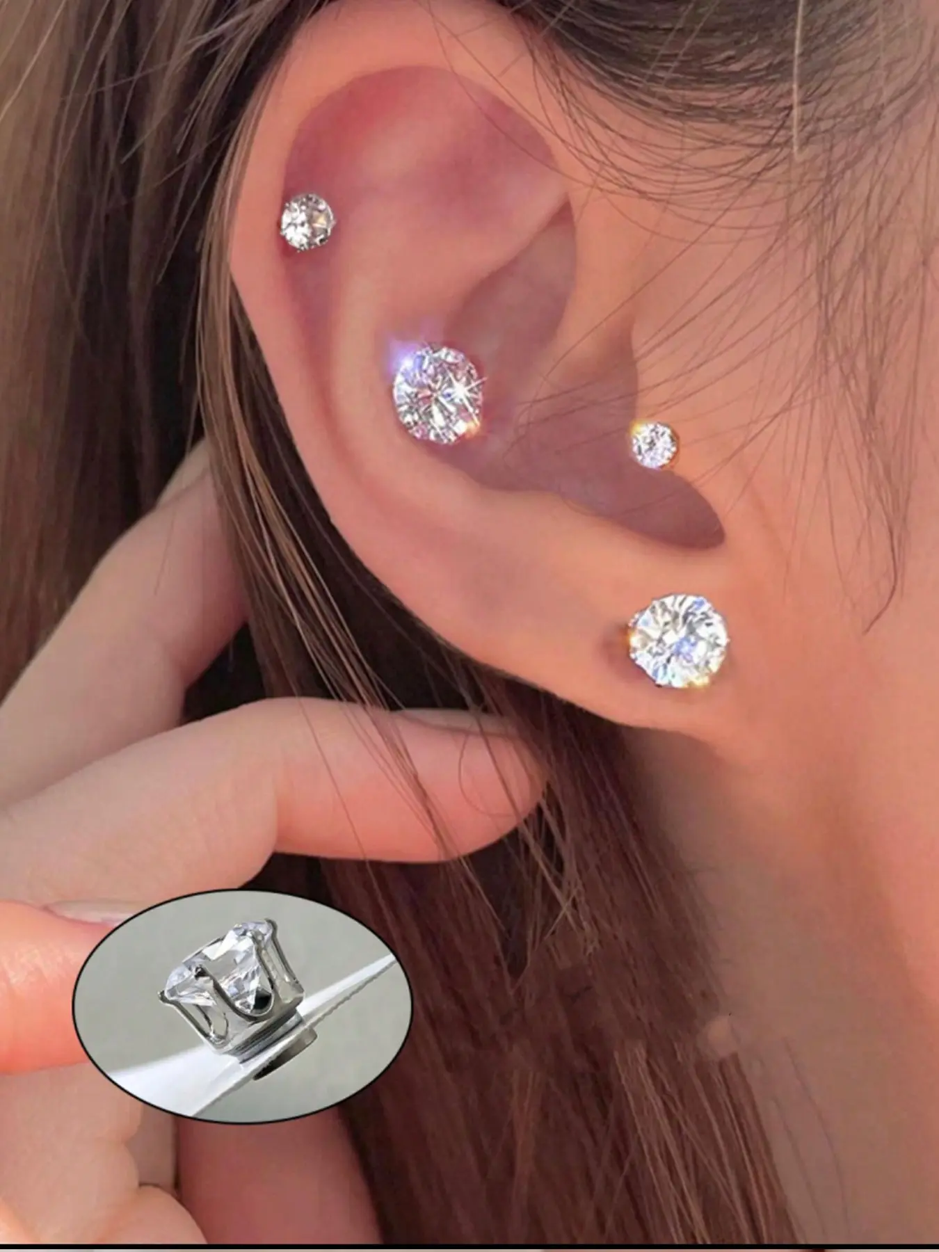woman's for earings Silver Color 4 Prong Round Cz Magnetic Stud Earrings, No Piercing, Pain-Free, Hypoallergenic, Earrings for Sensitive Ears, Waterproof, Minimalist Jewelry for Women Teens Fashion Jewelry Earrings Studs
