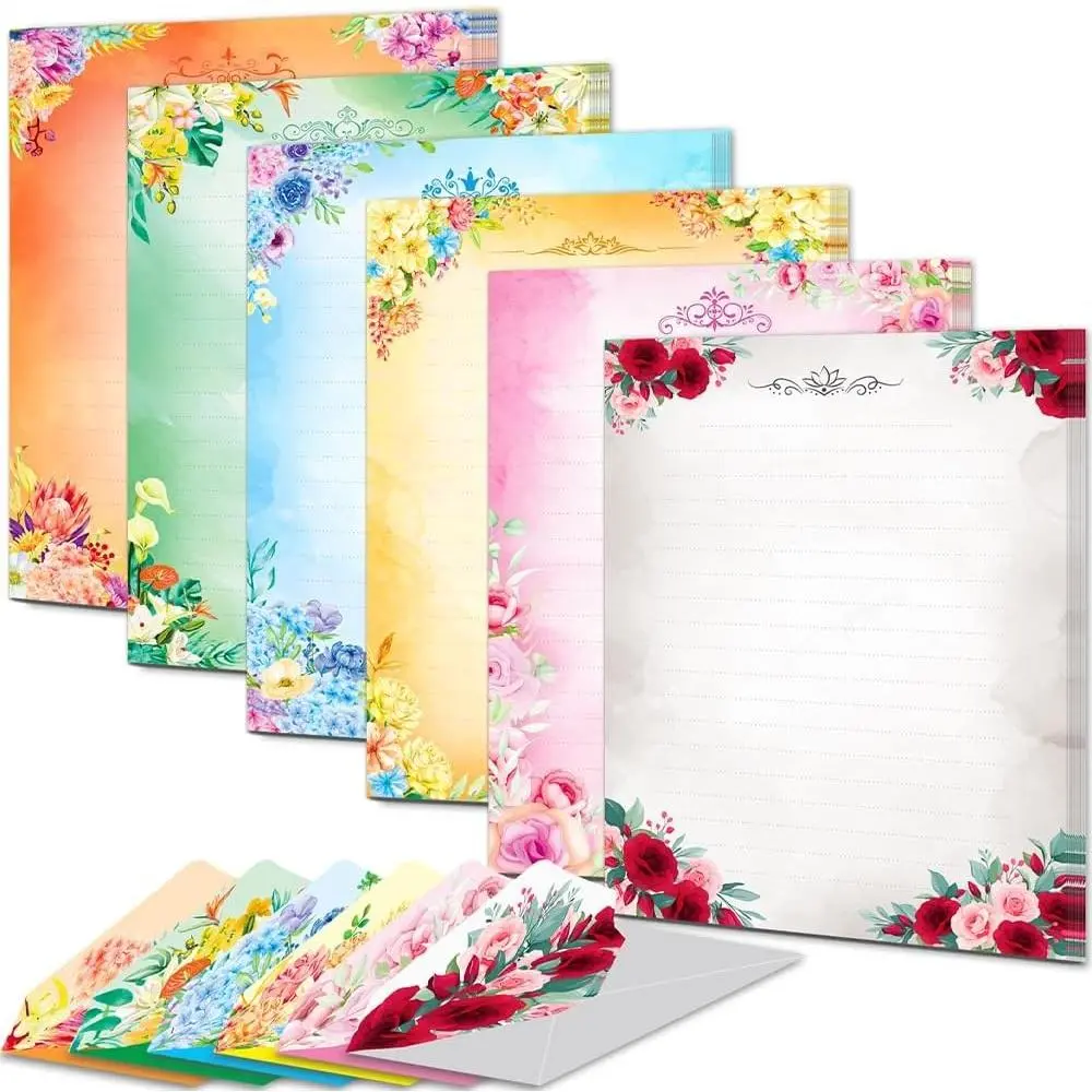 60 Pieces Cute Stationery Paper and Envelope Set, 8.5"x11" | 30 Thick Letter Sheets, 30 Envelopes, Smooth Writing, No Bleed, 2-Sided Colored, 1-Sided Lined, Romantic Design for Women